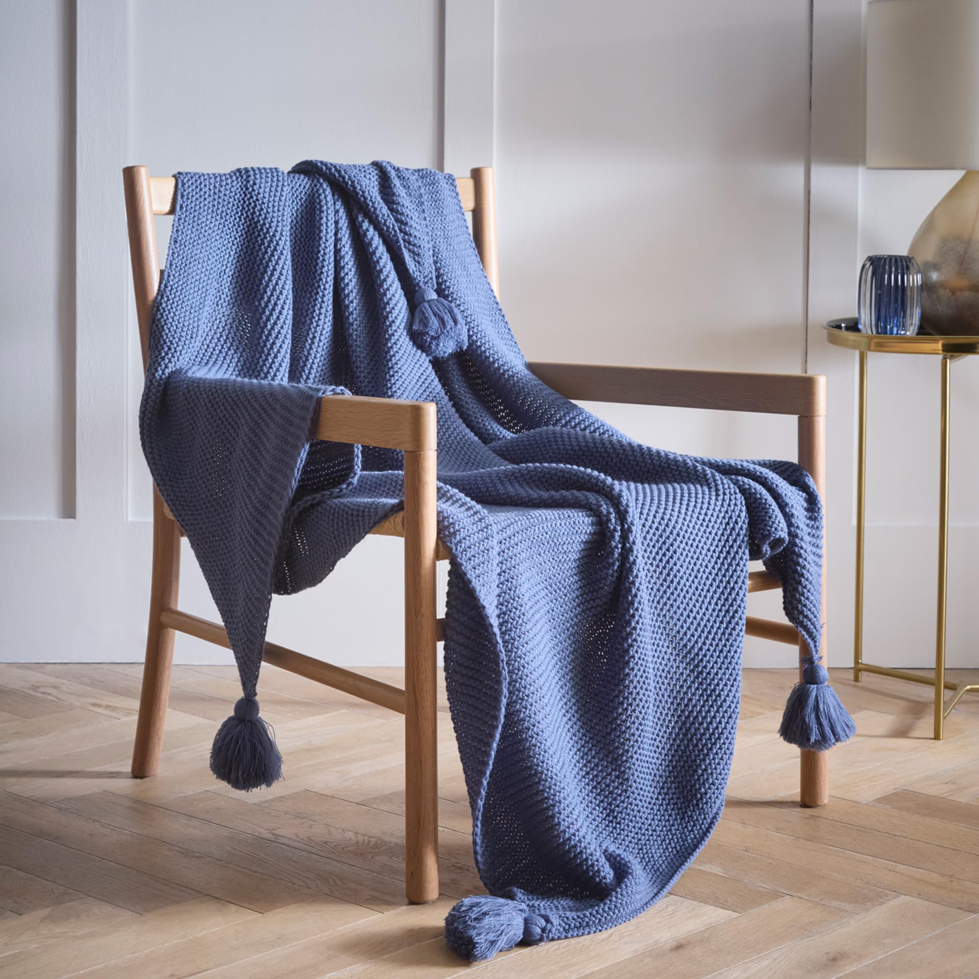 Portfolio Home Copenhagen Blue Knitted Tassels Throwover Bed Throw Blanket 127 x 152cm — image 1