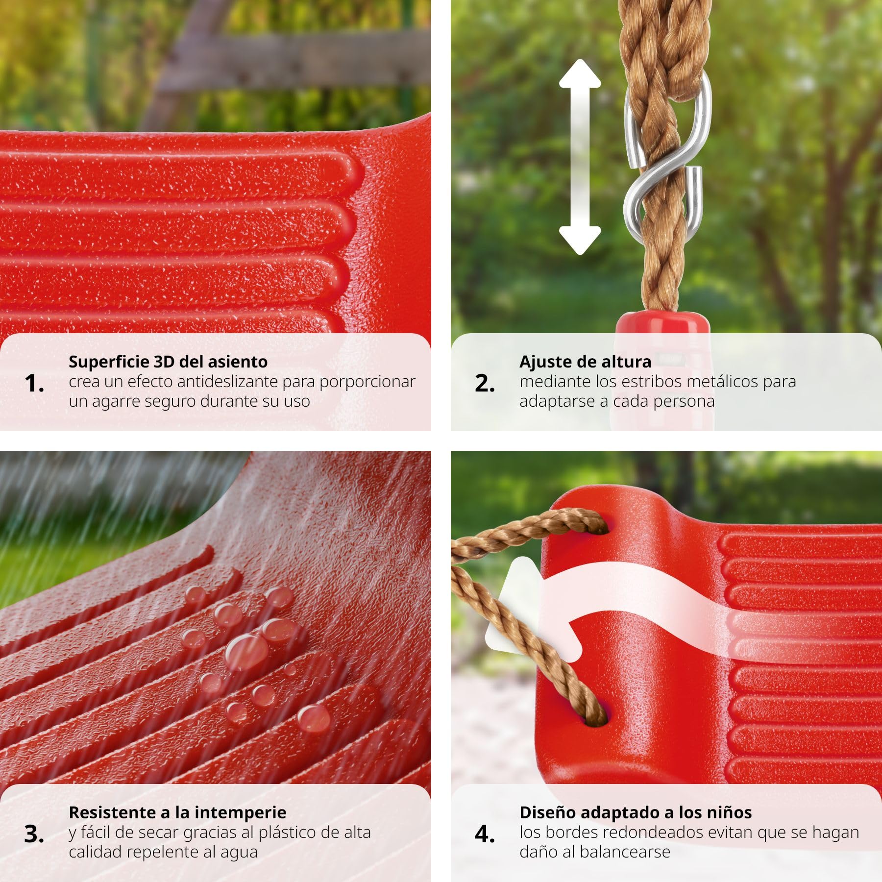 Tectake Columpio de jardín para zona de juegos al aire libre Nuestro interior para niños y adultos con cuerda oscilante y mosquetones y superficie antideslizante, Max. 75 kg