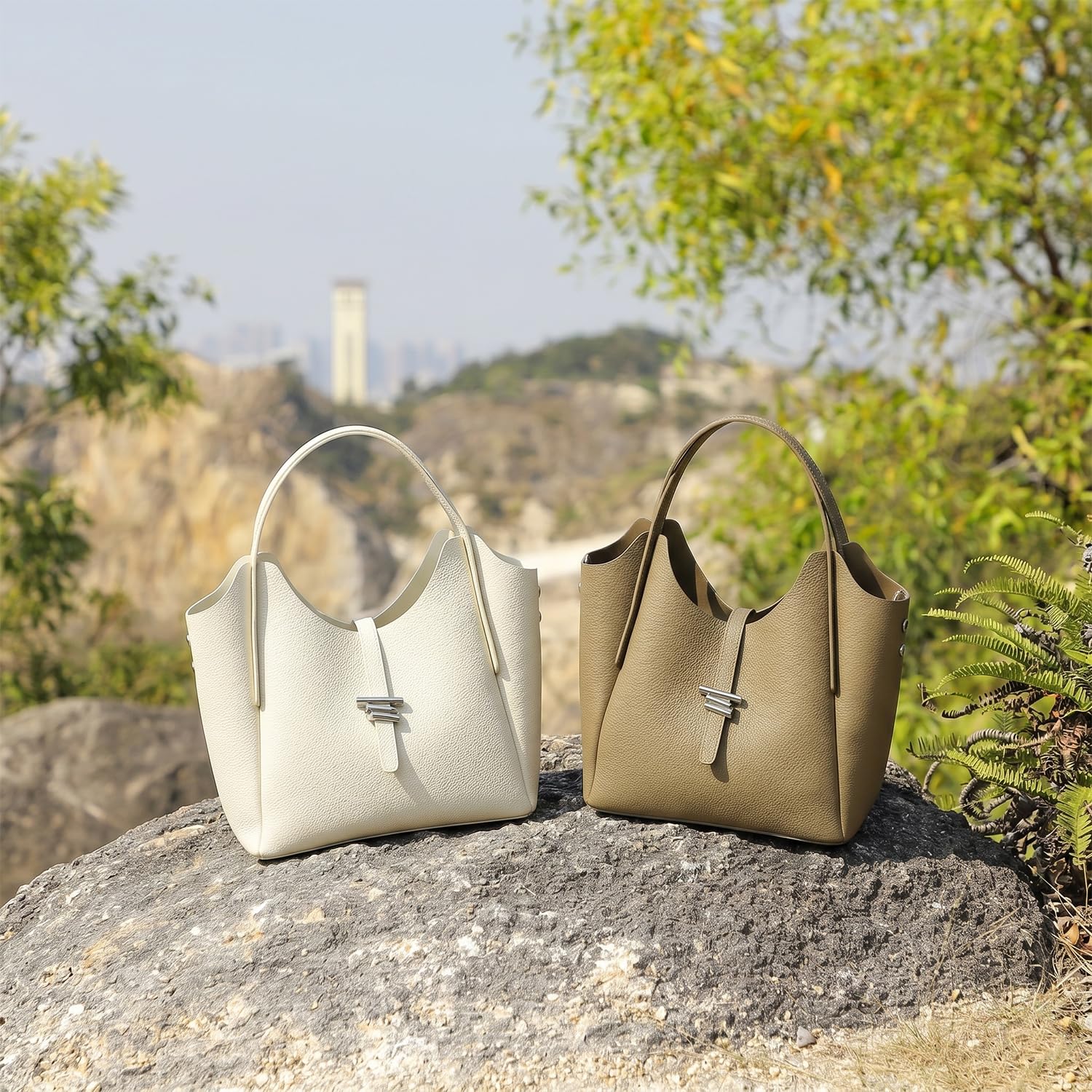 Bolso Cesta Forma de Campana Mujer Cuero Genuino, Bolso de Mano Bombonera Primavera Verano, Bolso Bandolera Moda para Trabajo y Diario Caquí