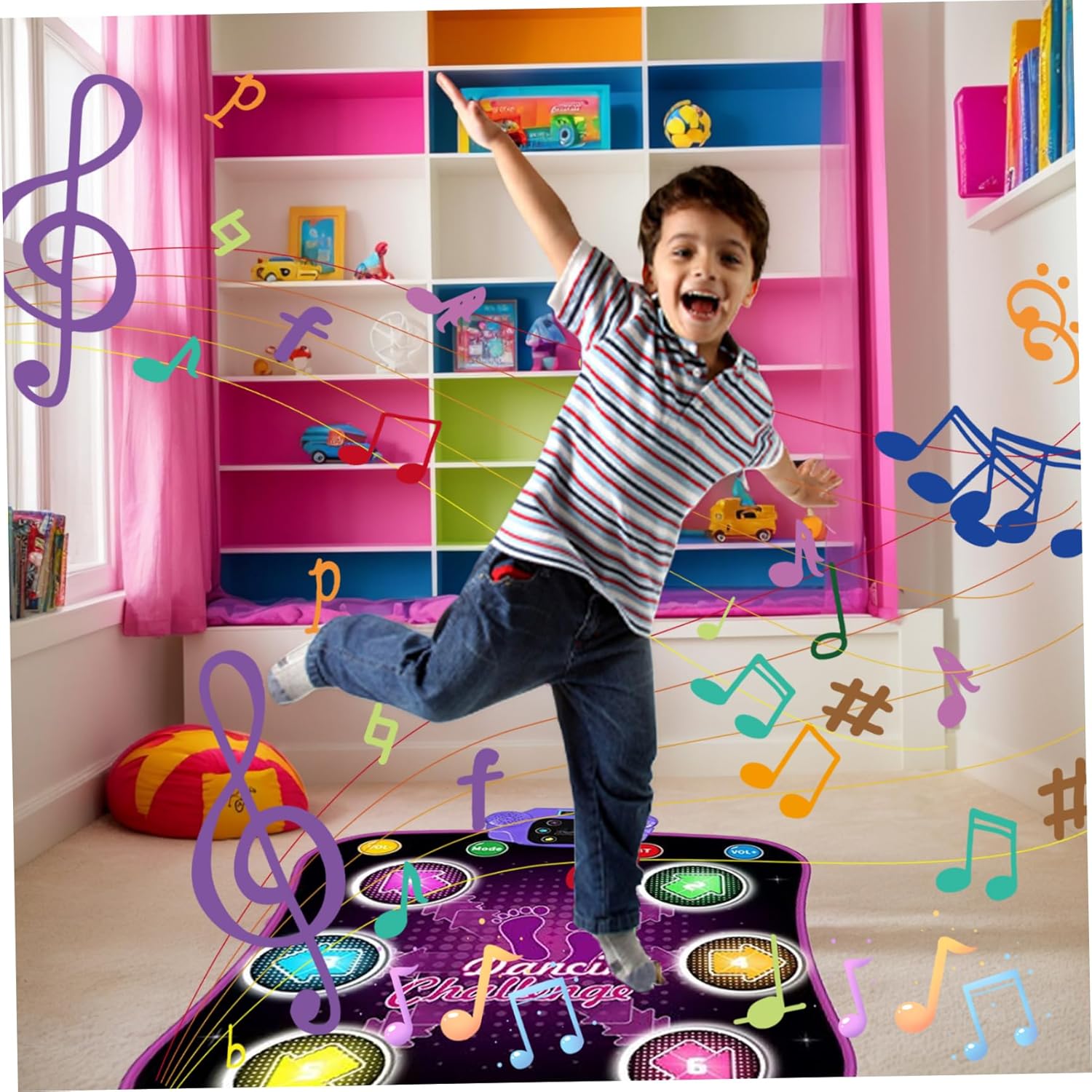 Dance Mat for Kids, 35x31.5in 6 Key Dual Horn LED Dance Pad Digital Multi-Mode Dancing Mat BT-Compatible Volume Adjustable Battery Powered Electronic Mats, No Battery.