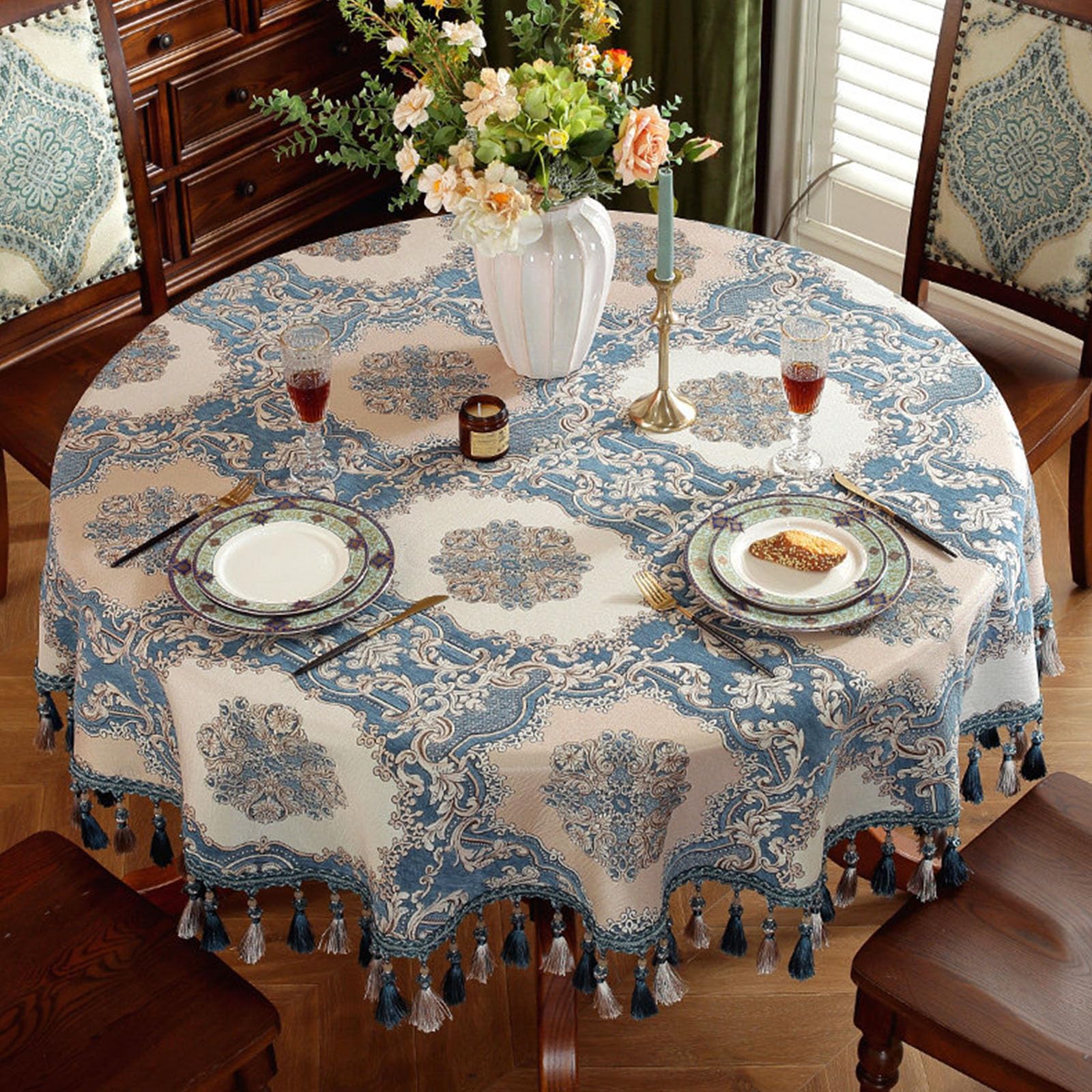 Nappe ronde rétro européenne avec pampilles pour décoration table banquet