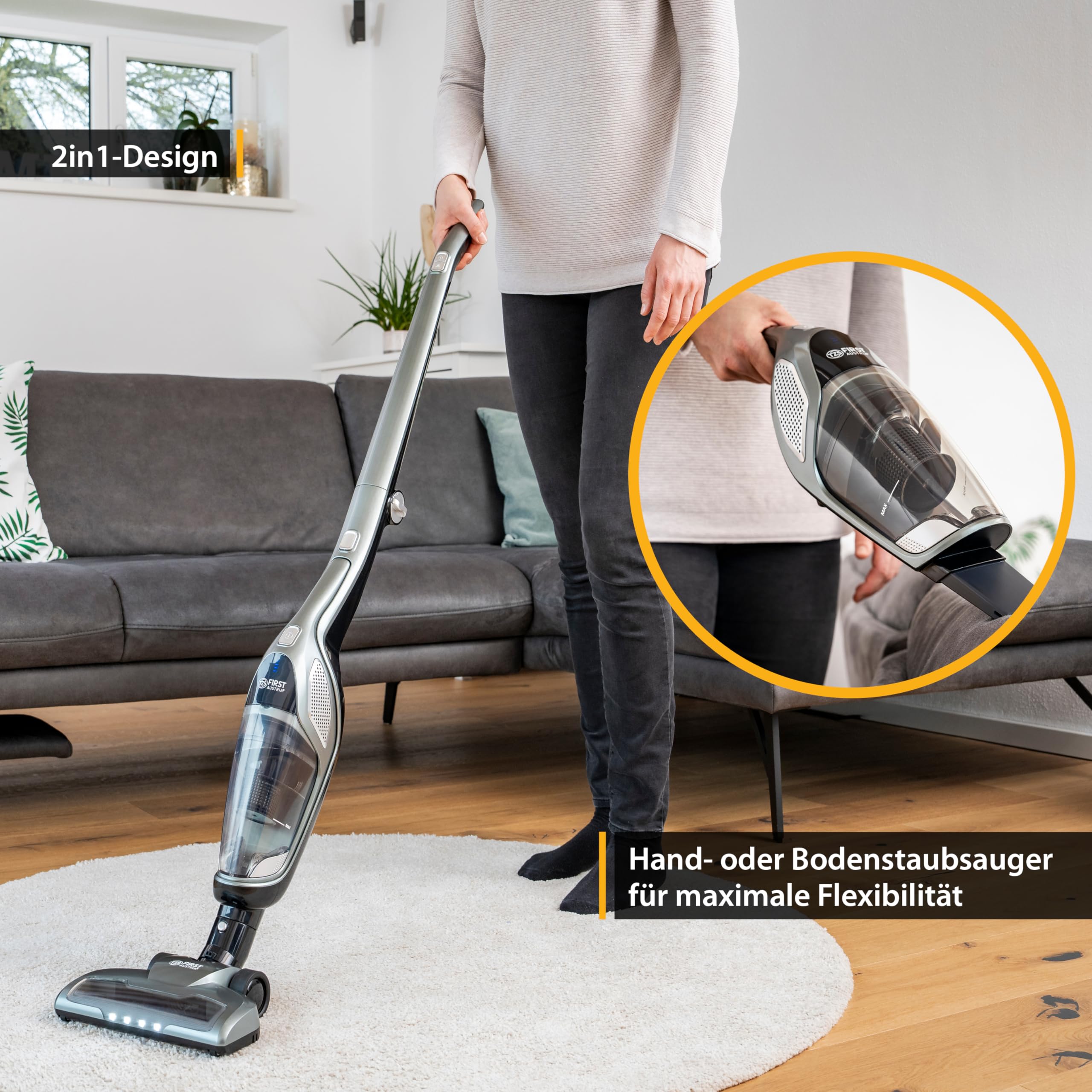 TZS First Austria 2in1 Stiel- und Handstaubsauger | bis zu 60 min Akkulaufzeit | Bodenbürste mit LED-Licht | Wandladestation | Beutellos | Kabellos | grau