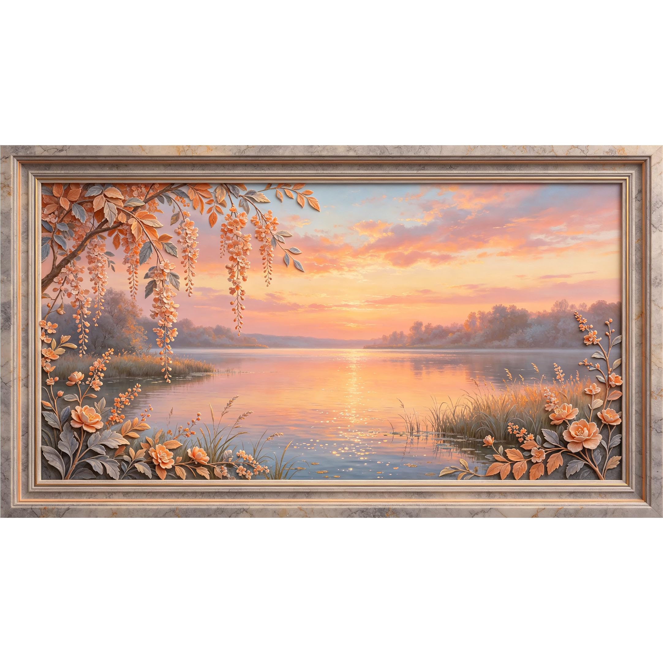 QZLITHOTIC 50x90cm3D Framed Wall Art， Sunset Lake Landscape Floral Botanical Self‑Adhesive Mural， Water‑Activated Peel & Stick Fabric Decor Wall Decal for Bedroom Living Room
