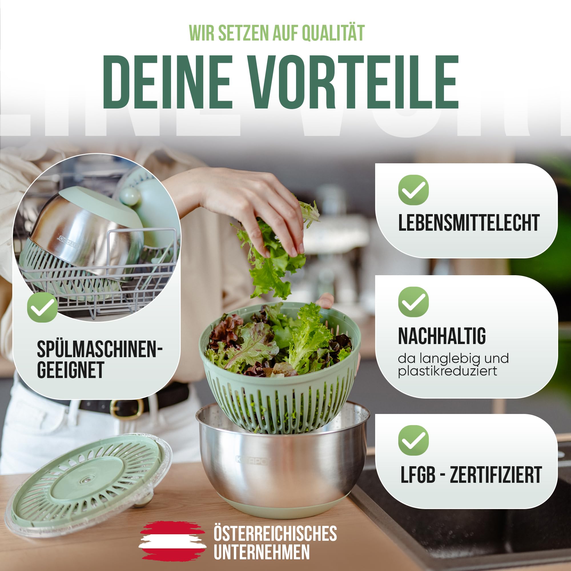 Salatschleuder Edelstahl mit Kurbelantrieb [2 in 1 Servierschüssel] 4,5l [Wasserauslass, Spülmaschinengeeignet, rutschfest] Salad Spinner Obstsschleuder hochwertige Salatschleuder groß