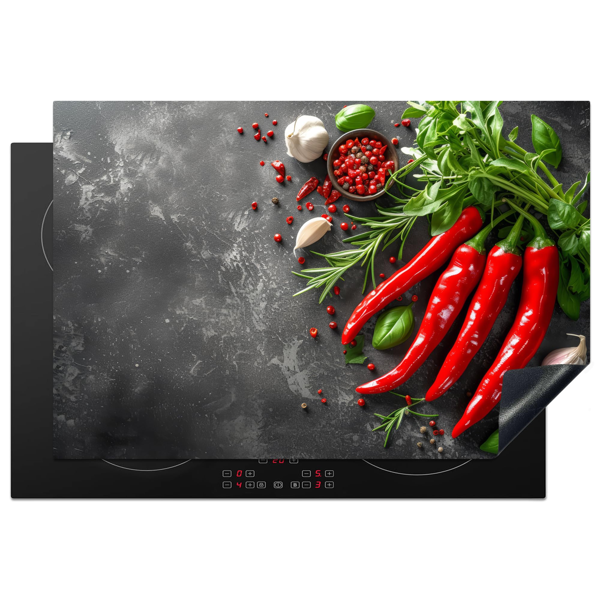 KitchenYeah© Herdabdeckplatte 77x51 cm Einteilig Ceranfeld Abdeckplatte für Induktionsschutz Ceranfeldabdeckung Vinyl Herdabdeckplatten Chilischoten - Beton - Knoblauch - Küche