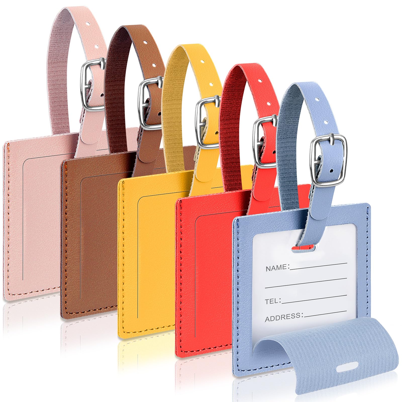 Cozary Pack of 5 Suitcase Tags Square, PU Leather Luggage Tags for Suitcases with Name Plate, Suitcase Tags with Adjustable Buckle, Address Tag Suitcase for Business Trips, Air Travel