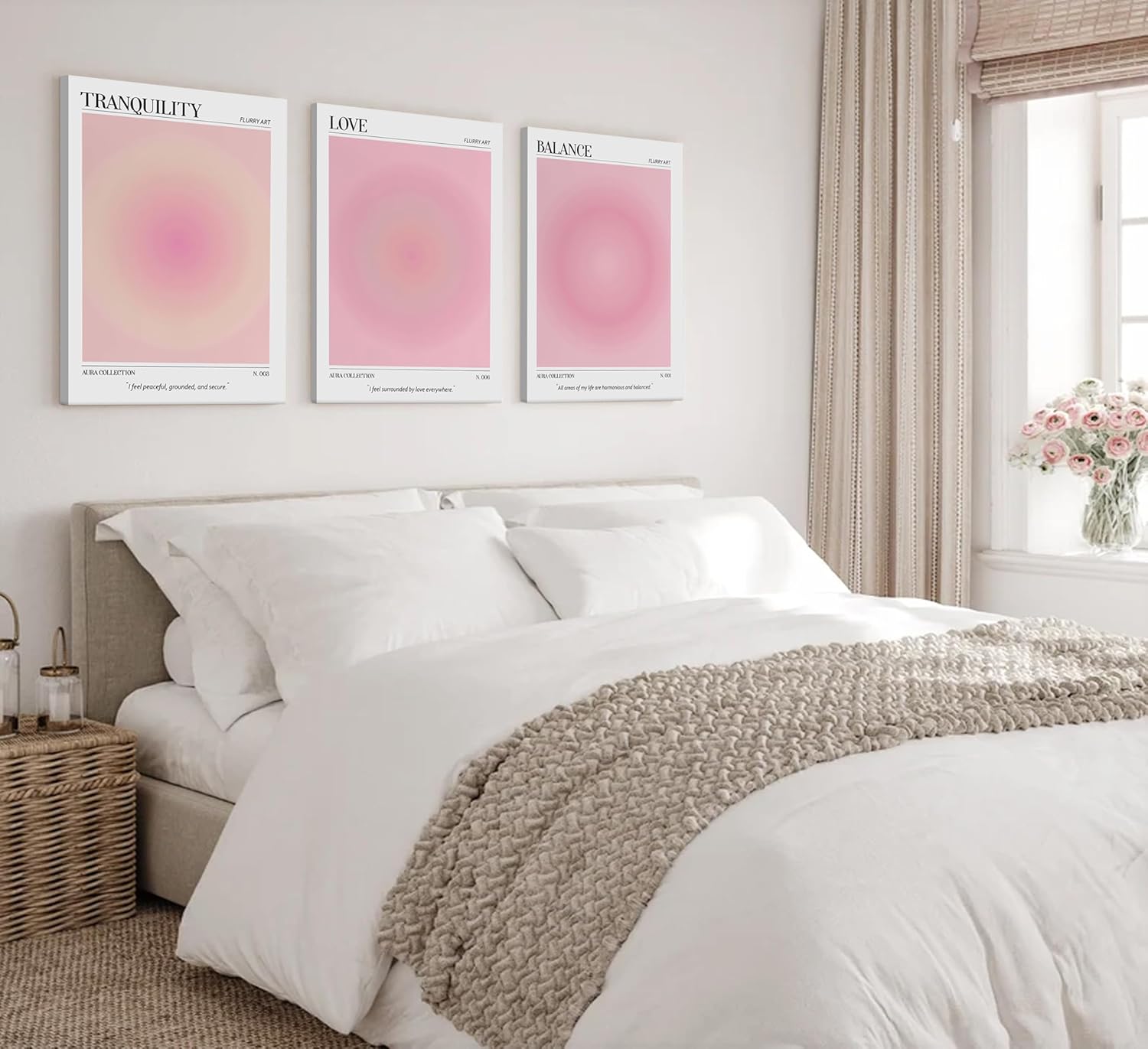 3pcs Pink Aura Collection Gradient Canvas wall art Positive Minimalist Fluppy Art Picture Wall Decor Trendy Aesthetic Poster Print Artwork for Bedroom, Living Room, girls room Home Decoration