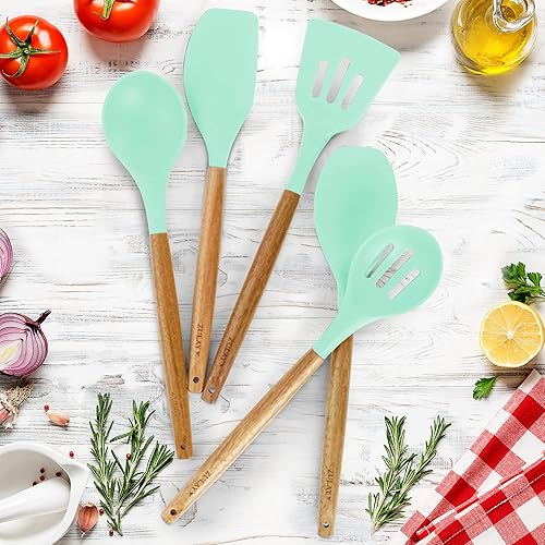 Miniatura 7 de Zulay Kitchen Juego de utensilios de cocina de silicona antiadherente con auténticas asas de madera de acacia, juego de utensilios de silicona de 5