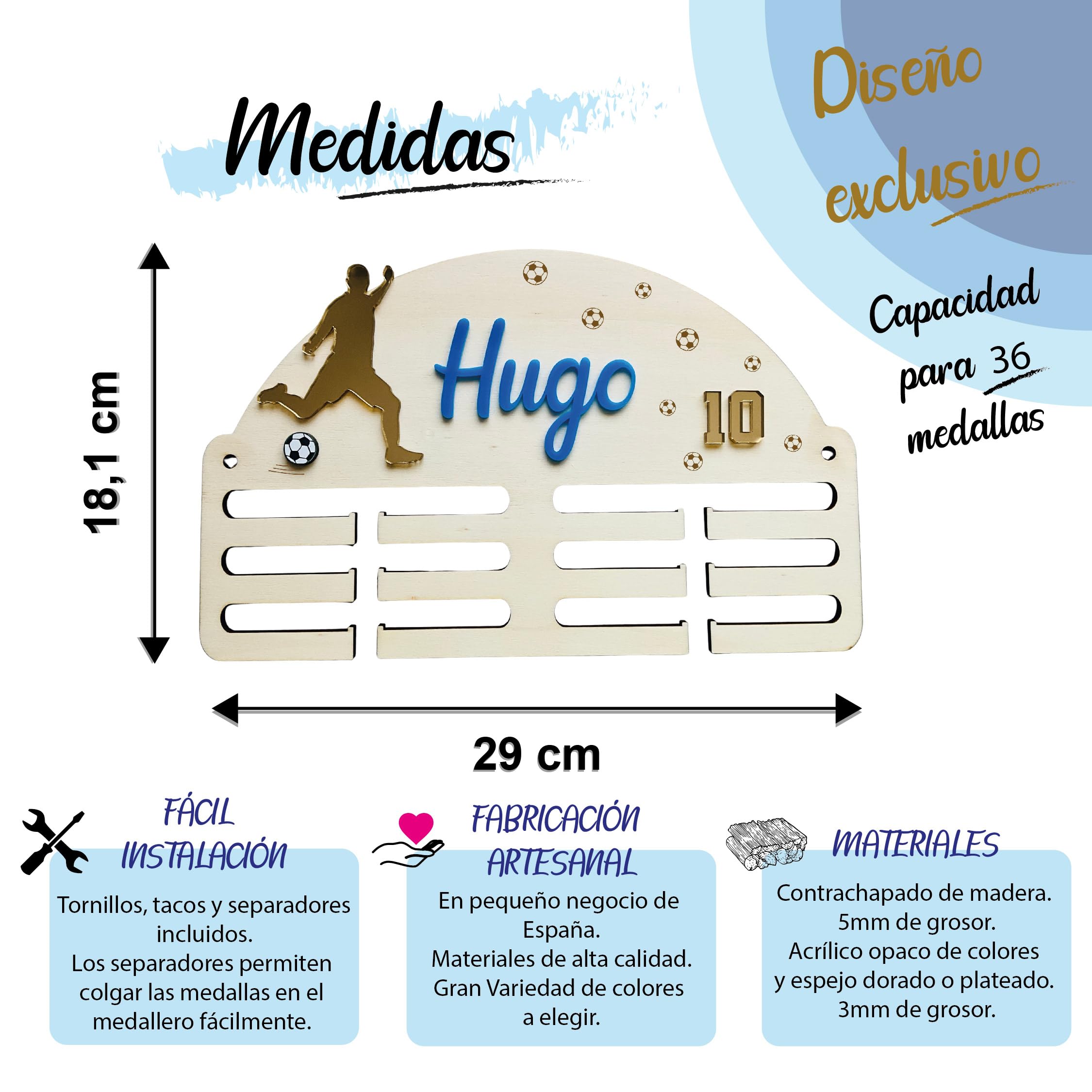Genérico Ideas CAÓTICAS | Medallero de Fútbol Personalizado para Niños/as y Jugadores/as. Personalizado con Nombre y número en acrílico. Regalo para Deportistas. Fabricado en España.