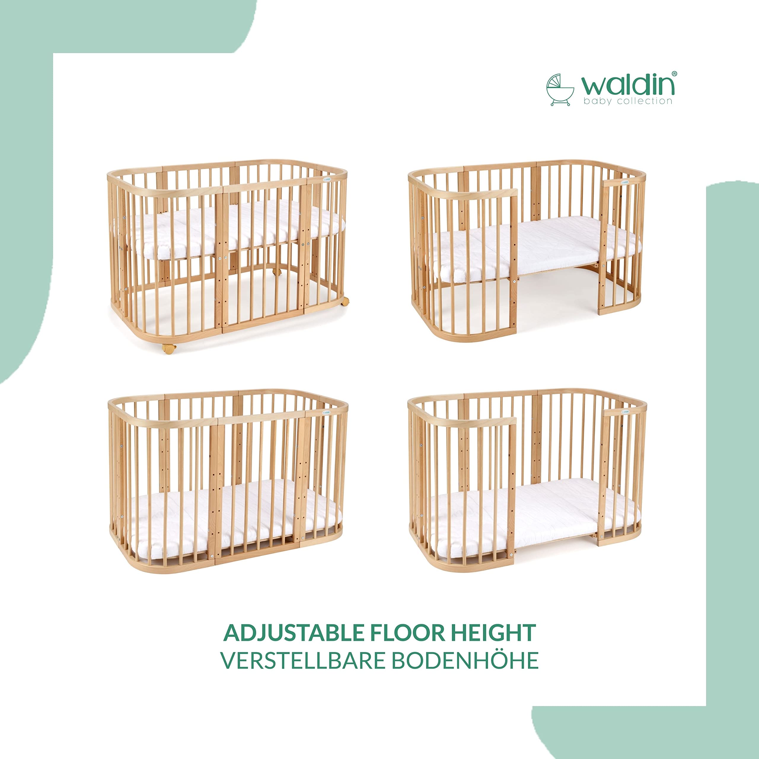 waldin Lettino in Legno 7in1, Materasso, Lettino Bambini Espandibile, Ventilato, Base Regolabile in 5 Posizioni, Set Tutto Completto, Naturale