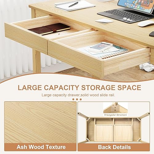 Miniatura 5 de Solid Ash Wood Desk 47.2 in W x 21.7 in D - Sturdy Home Office Computer Desks, 220LBS Capacity Writing Desk with Drawers, Natural Wood Study Table,