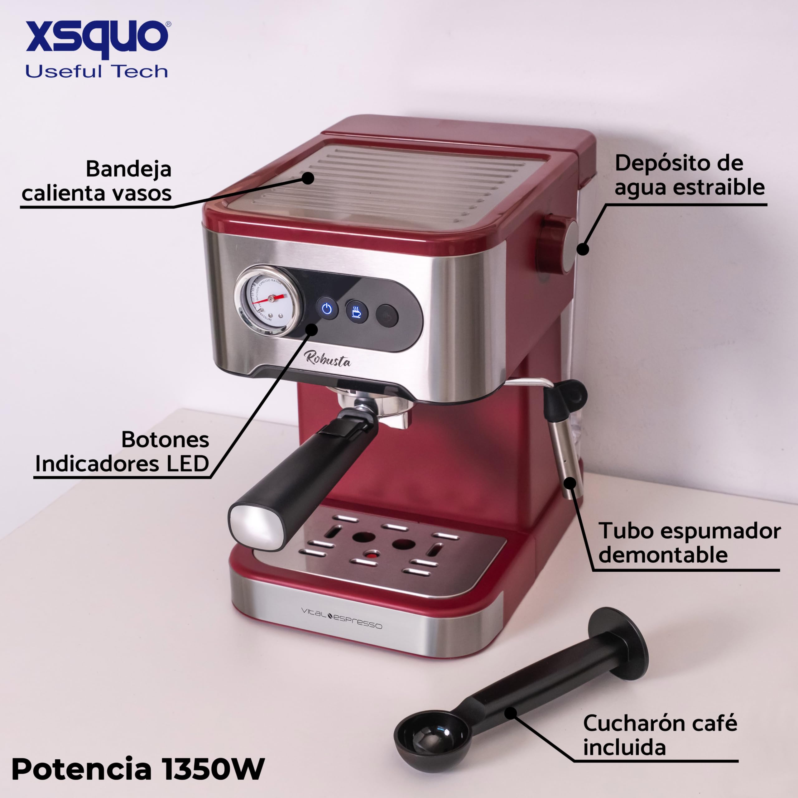 XSQUO Useful Tech Caffettiera Express. Espresso e Cappuccino, 1350w, 20 bar, Vaporizzatore Orientabile, Sistema Thermos Block di riscaldamento rapido.. Vital Espresso Robusta.