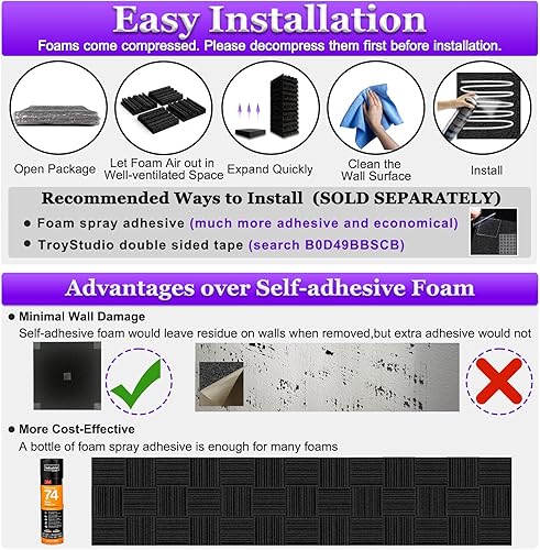 Miniatura 6 de TroyStudio Panel de espuma de absorción acústica de estudio 12 x 12 x 2 pulgadas paquete de 18 unidades absorbente de sonido de banda ancha