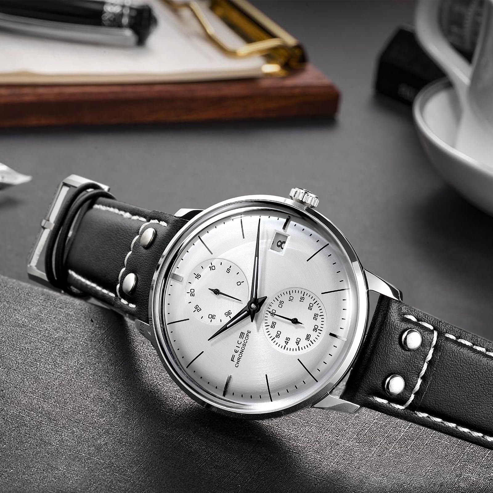 FEICE Orologio Uomo Automatico Orologio Meccanico Carica Manuale Uomo con Vetro Minerale Curvo 2.5D Cinturino in Pelle Cassa 41mm