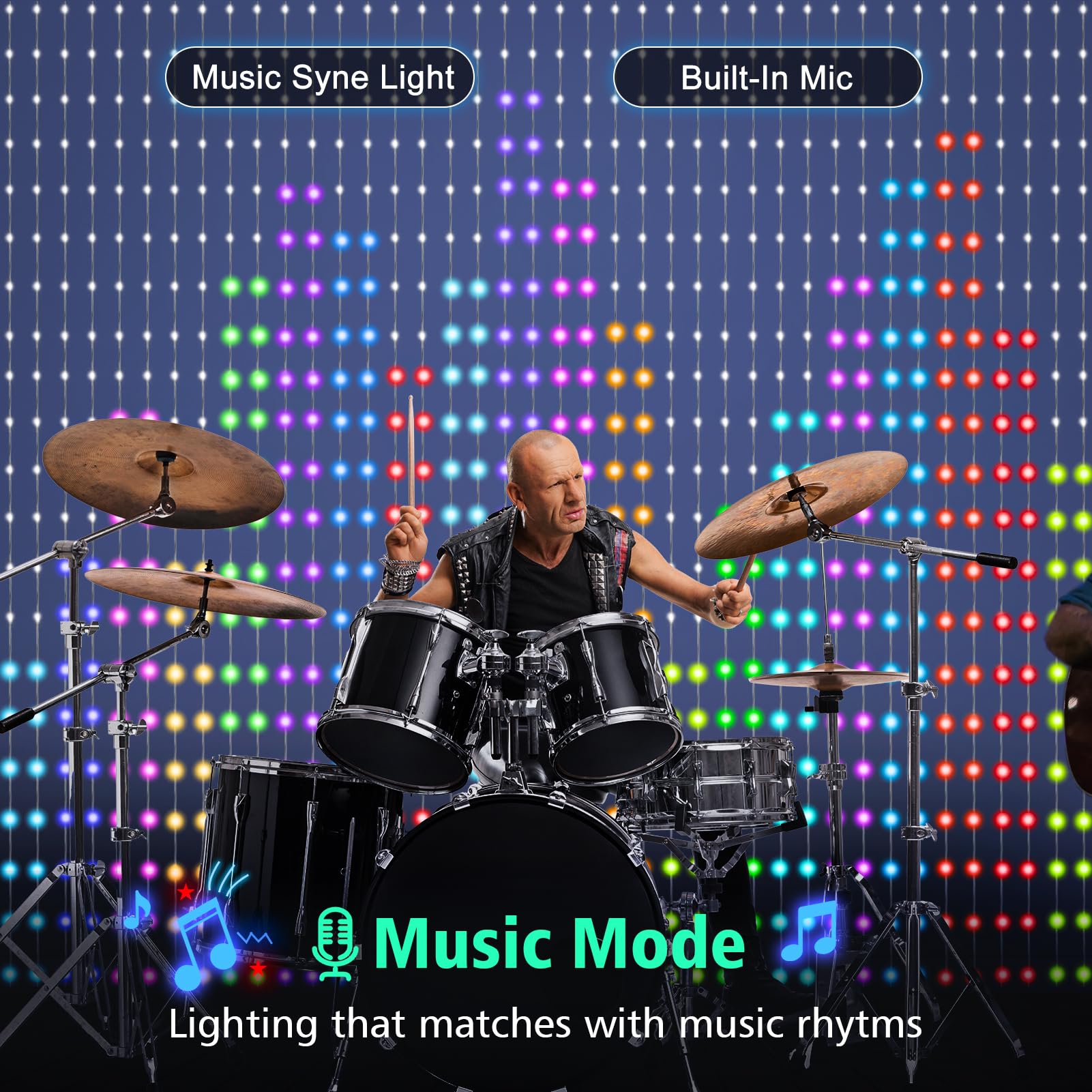 Rideau lumineux intelligent de 5 m x 2,5 m, 800 LED avec télécommande par application, couleur changeante, synchronisation de la musique, bricolage pour intérieur et extérieur, décoration murale
