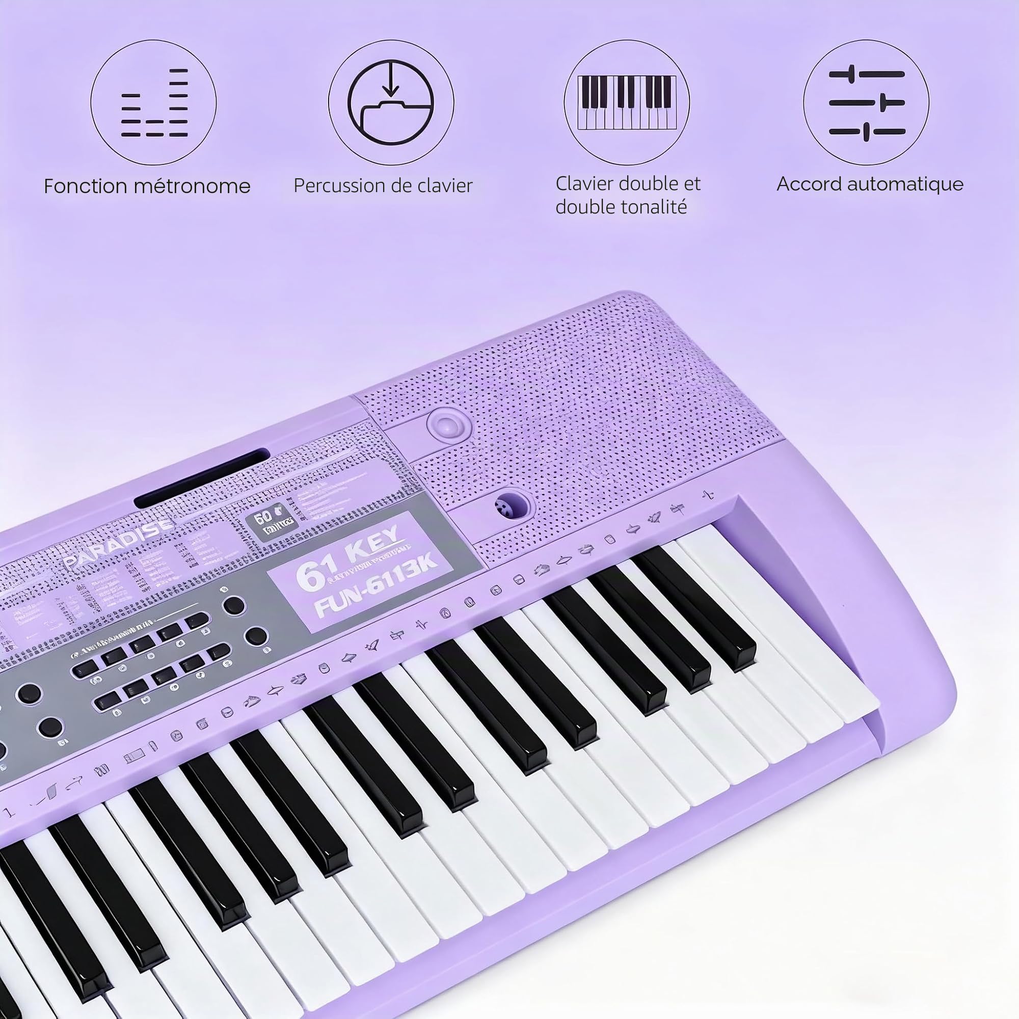 Clavier de piano électrique à 61 touches avec touches éclairées, synthétiseur numérique portable avec support, mini clavier musical pour débutants, enfants et adultes Violet