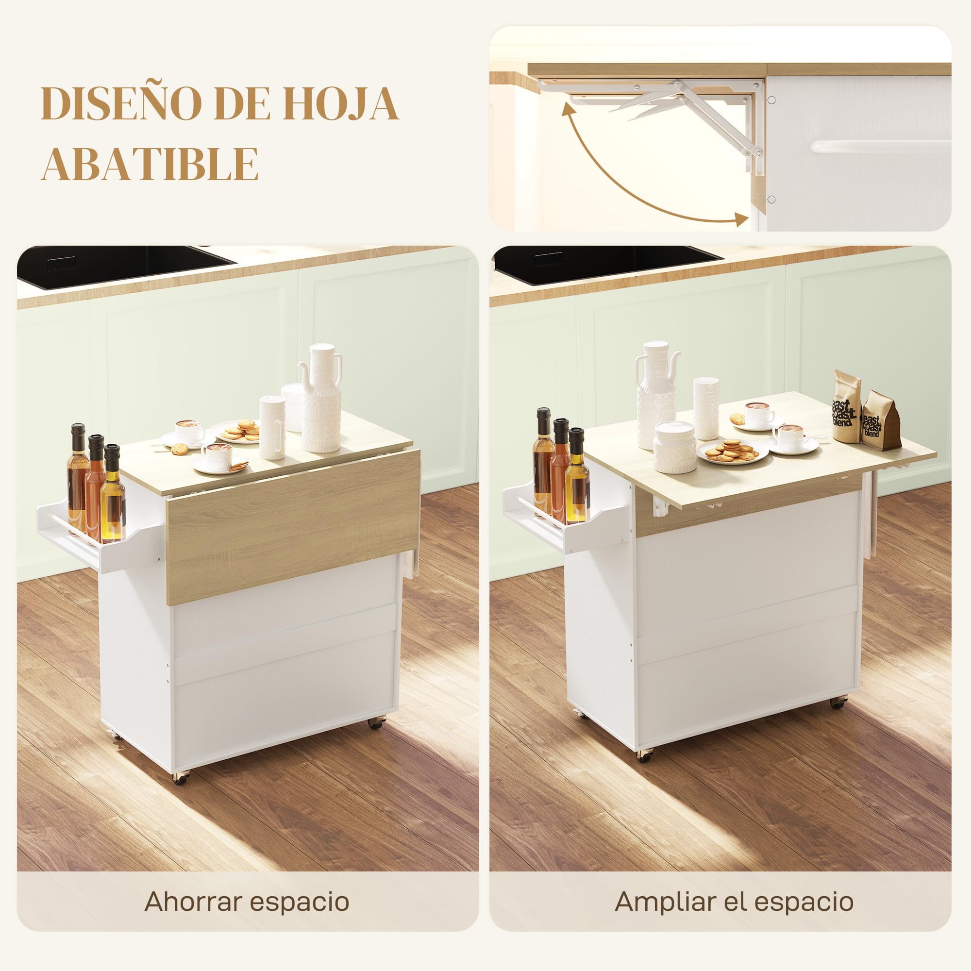 HOMCOM Isla de Cocina con ala Abatible Carrito de Cocina Mueble Auxiliar de Cocina con Ruedas 2 Puertas Cajón Especiero Toallero y Estante Ajustable 106x42x87 cm Blanco y Roble