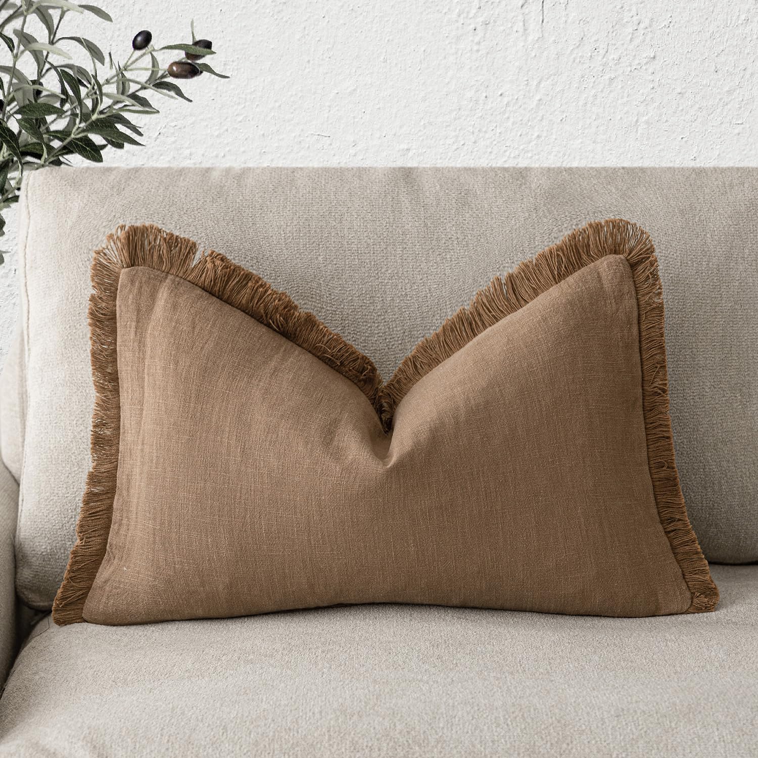 Foindtower Decorative Linen Fringe Throw Pillow Covers Cozy Boho Farmhouse Cushion Cover with Tassels Soft Accent Pillowcase for Chair Sofa Bed Living Room Home Decor, 12×24 Inch, 1PC, Khaki Brown