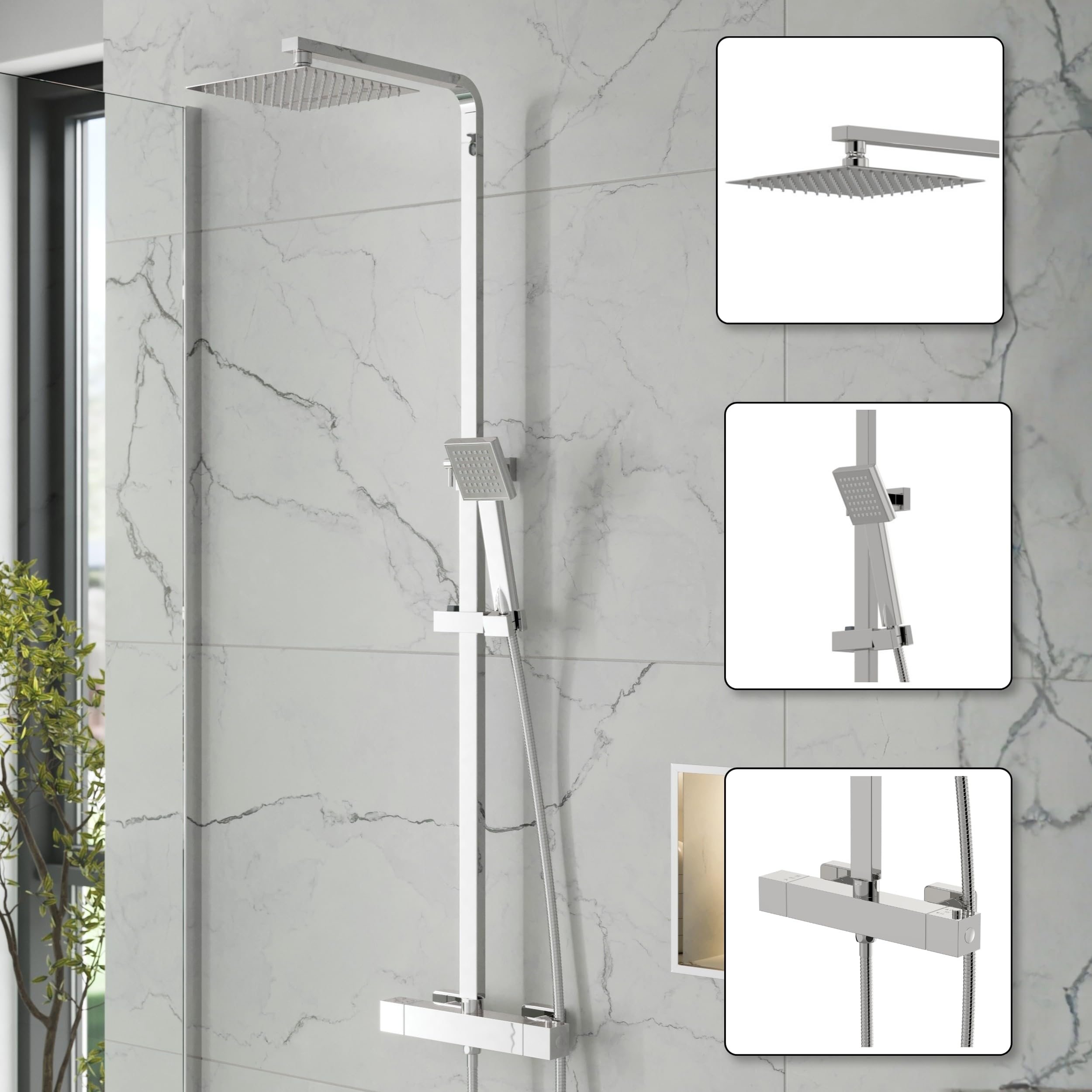 Architeckt Chrome Thermostatic Mixer Shower Set Square Rainfall Drencher Head, Handheld Shower, Adjustable Riser Rail & Exposed Bar Valve, Wall-Mounted Bathroom Shower System