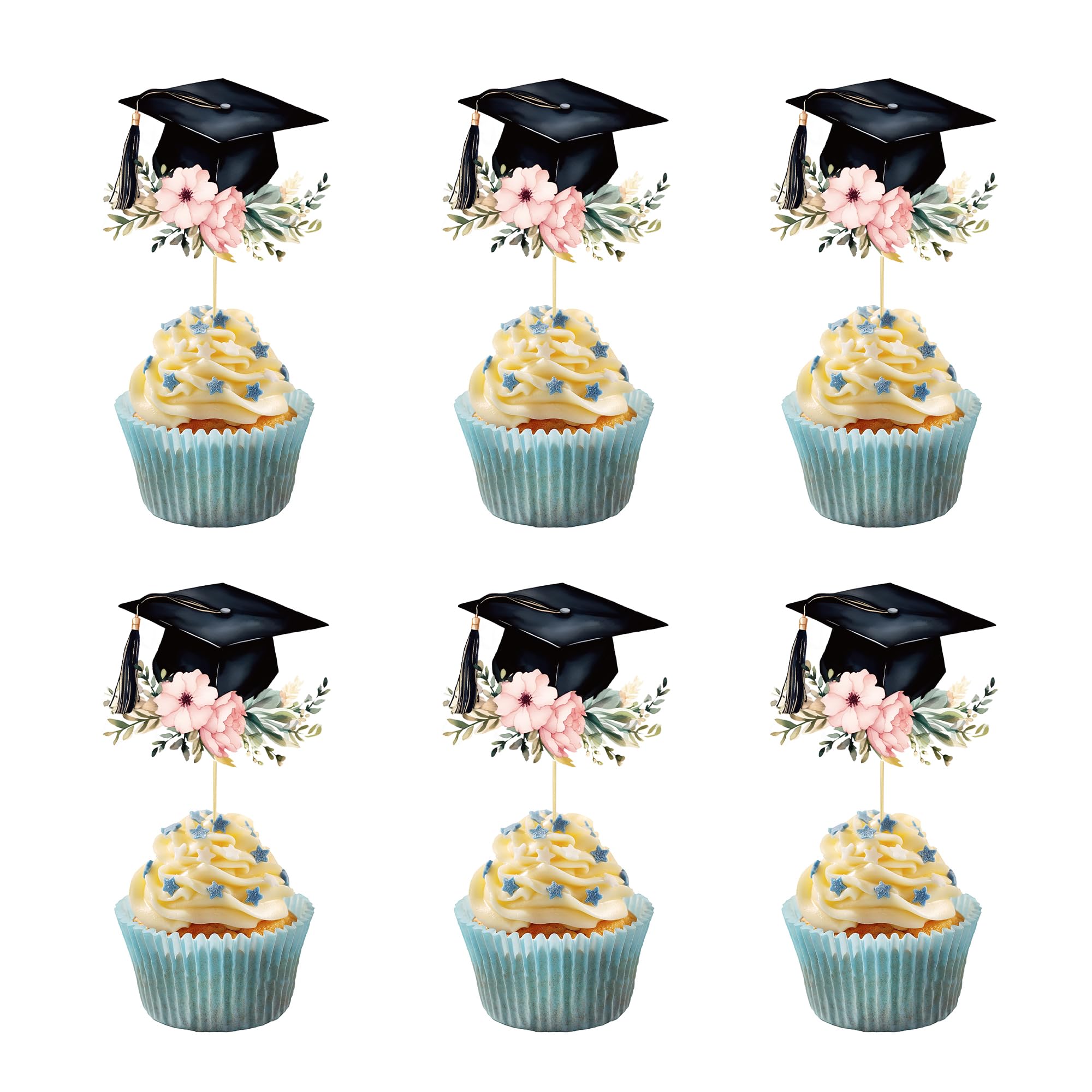 24PCS Graduation Hat Cupcake Toppers Wafer Paper Class of 2026 Grad Cap Cupcake Picks for 2026 Graduation Theme Party Cake Decorations Supplies