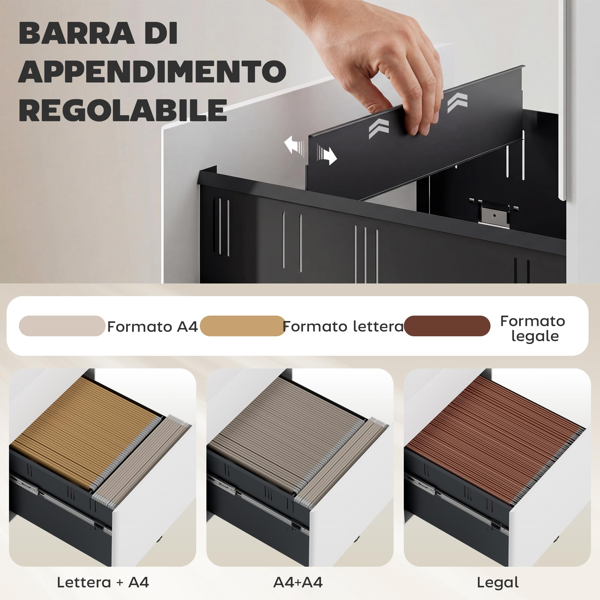 Vinsetto Cassettiera da Ufficio 3 Cassetti e Serratura, Cassettiera per Scrivania con Rotelle in Acciaio, 39x48x59 cm, Bianco