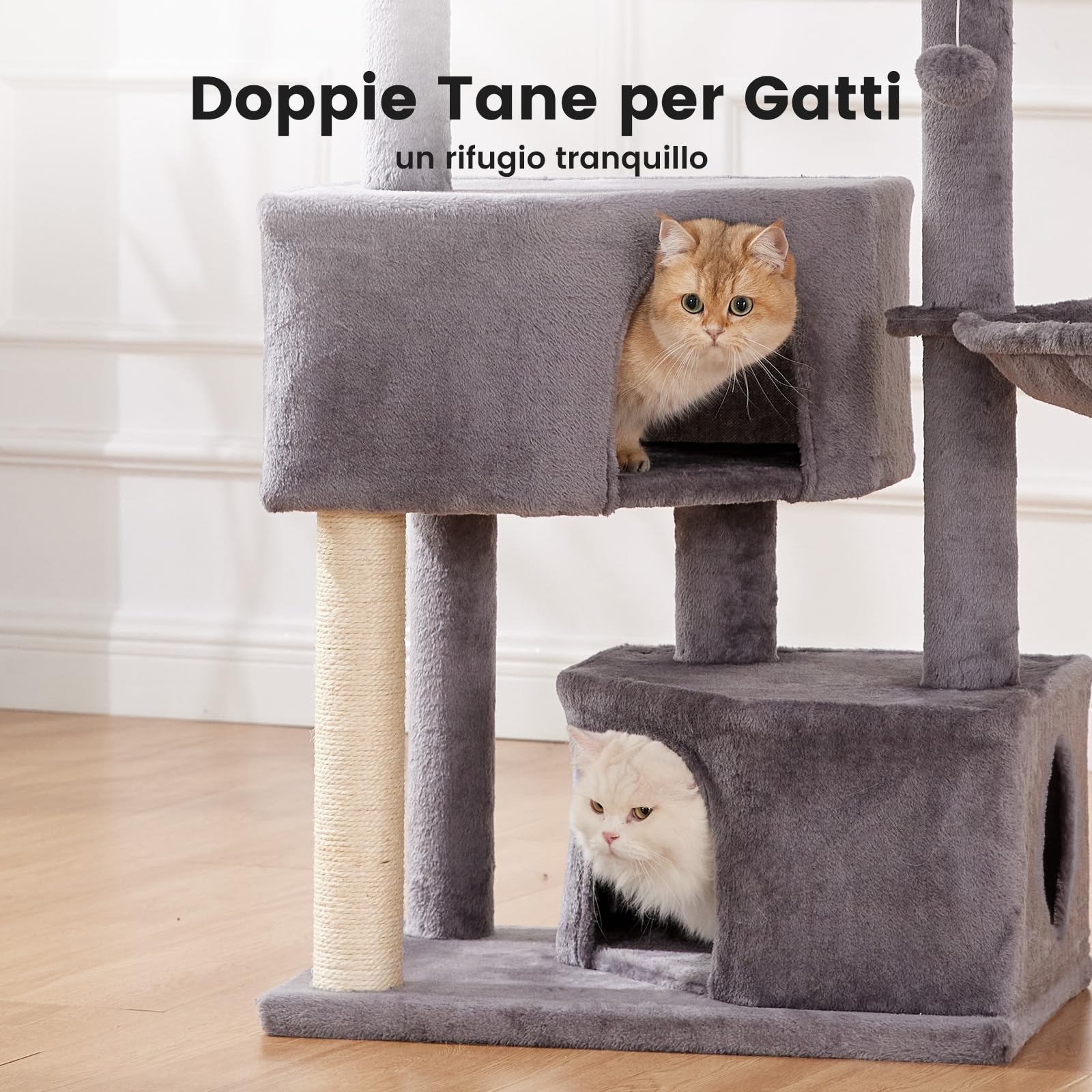 Gardner Pet Tiragraffi per Gatti da 105 cm con Palo in Sisal, Torre per Gatti Ultra-Stabile a 4 Livelli con Design Anti-Oscillazione, Posatoi Superiori Lavabili, Castello per Gatto, Grigio