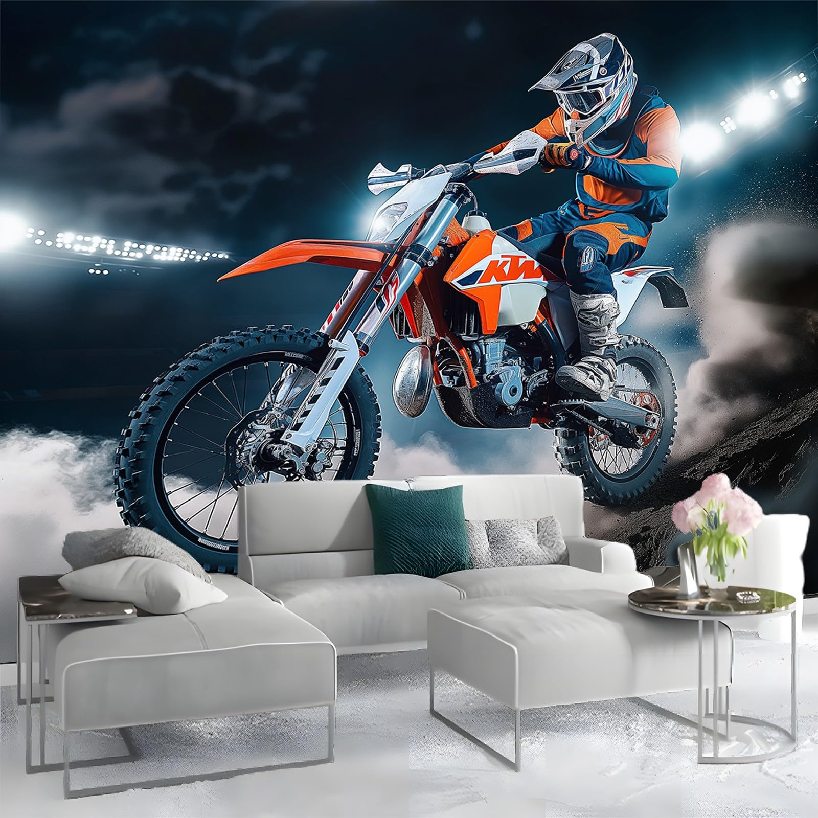 Fototapeta 350 x 256 cm, tapeta z włókniny, niebieska, ekstremalni motocykliści na skałach, nadaje się do dekoracyjnego korektora, salonu, sypialni, ściany tła telewizora