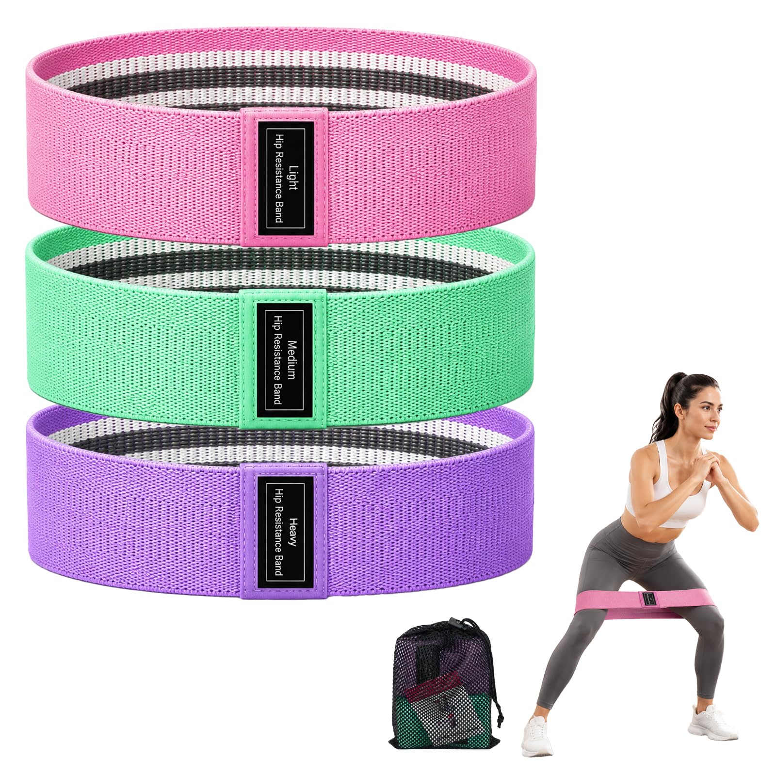 Fabric Resistance Bands for Women and Men, Hip & Leg Resistance Bands for Glute Workouts, 3 Pack Booty Bands for Lower Body Training with Light, Medium & Heavy Resistance Levels, Home Exercise