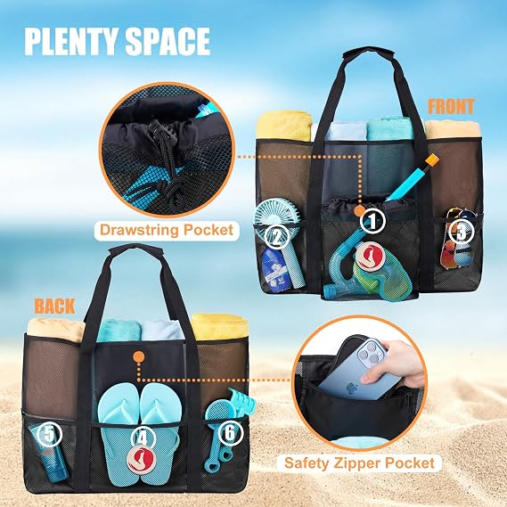 KALIDI Beach Mesh Tote Bag, Carrier Bag Shopping Bag Travel Baggage Hobo Women MAX 35L Shoulder Bag For Beach Vacation