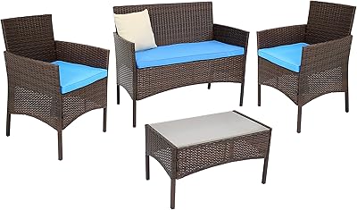 Sunnydaze Dunmore 4-Piece Outdoor Patio Conversation Furniture Set - Rattan Loveseat, Chairs and Coffee Table - Backyard Seating - Mixed Brown Rattan with Blue Cushions
