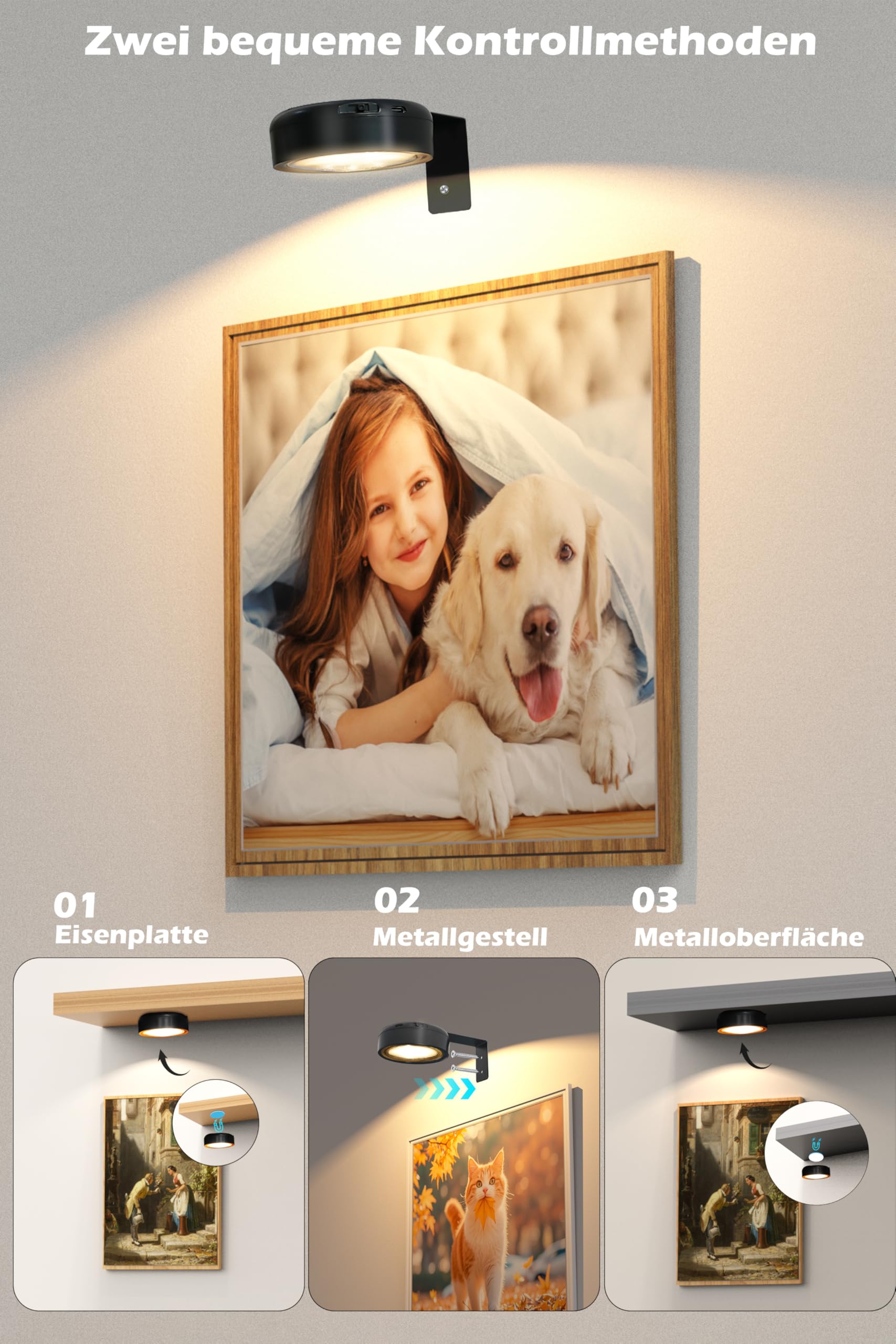 Bilderleuchte Kabellos 4er Set - 18 Stunden Akkulaufzeit, RGB und Warmweiß Licht, Timer-Funktion, Mit Fernbedienung, USB-C Wiederaufladbar, Integrierter Akku, Wohnaccessoires (Schwarz)