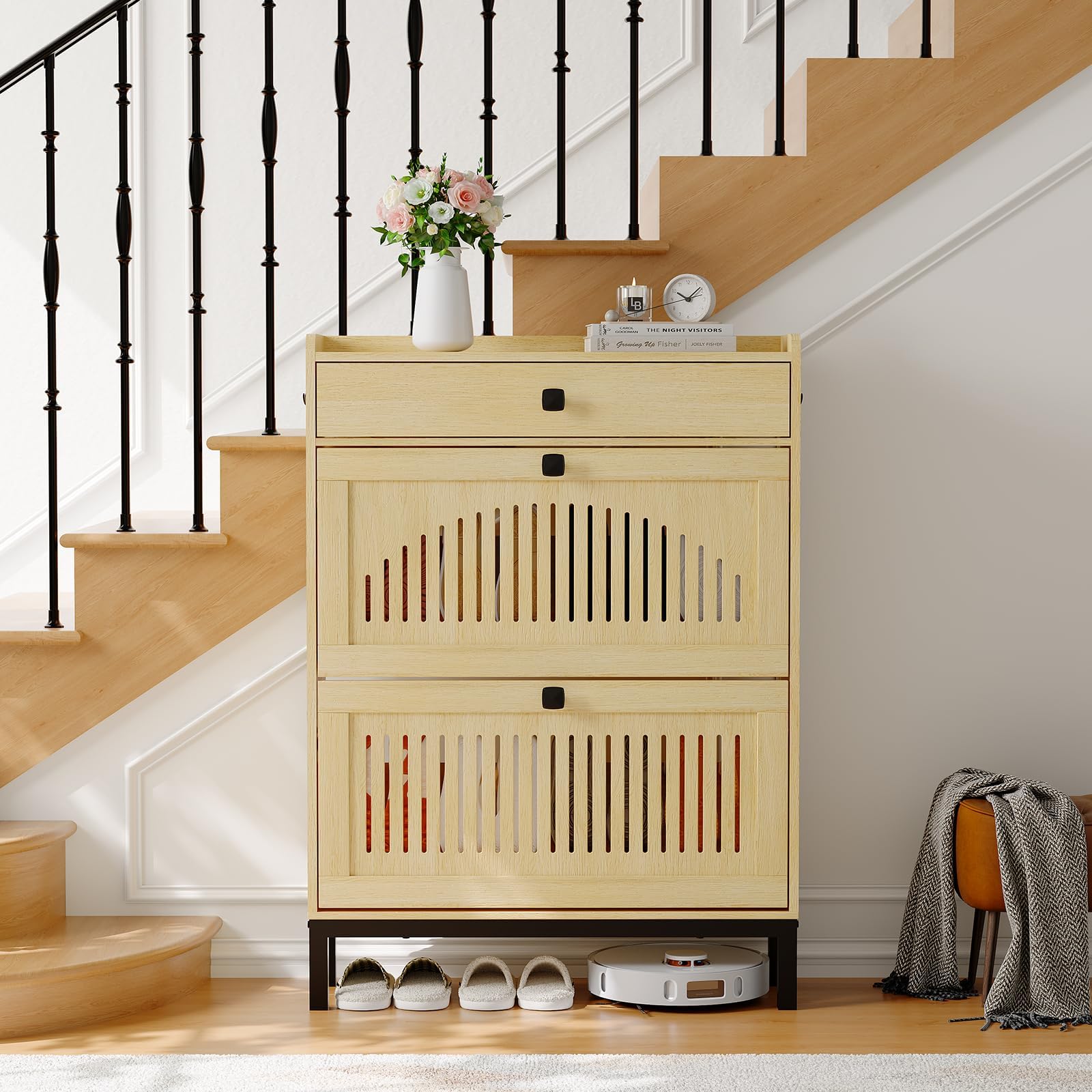 Zstar Armoire à Chaussures 2 tiroirs rabattables, étagères réglables, Grand Rangement dissimulé, en Bois indépendant pour entrée, Couloir ou Salon — Bois Naturel.