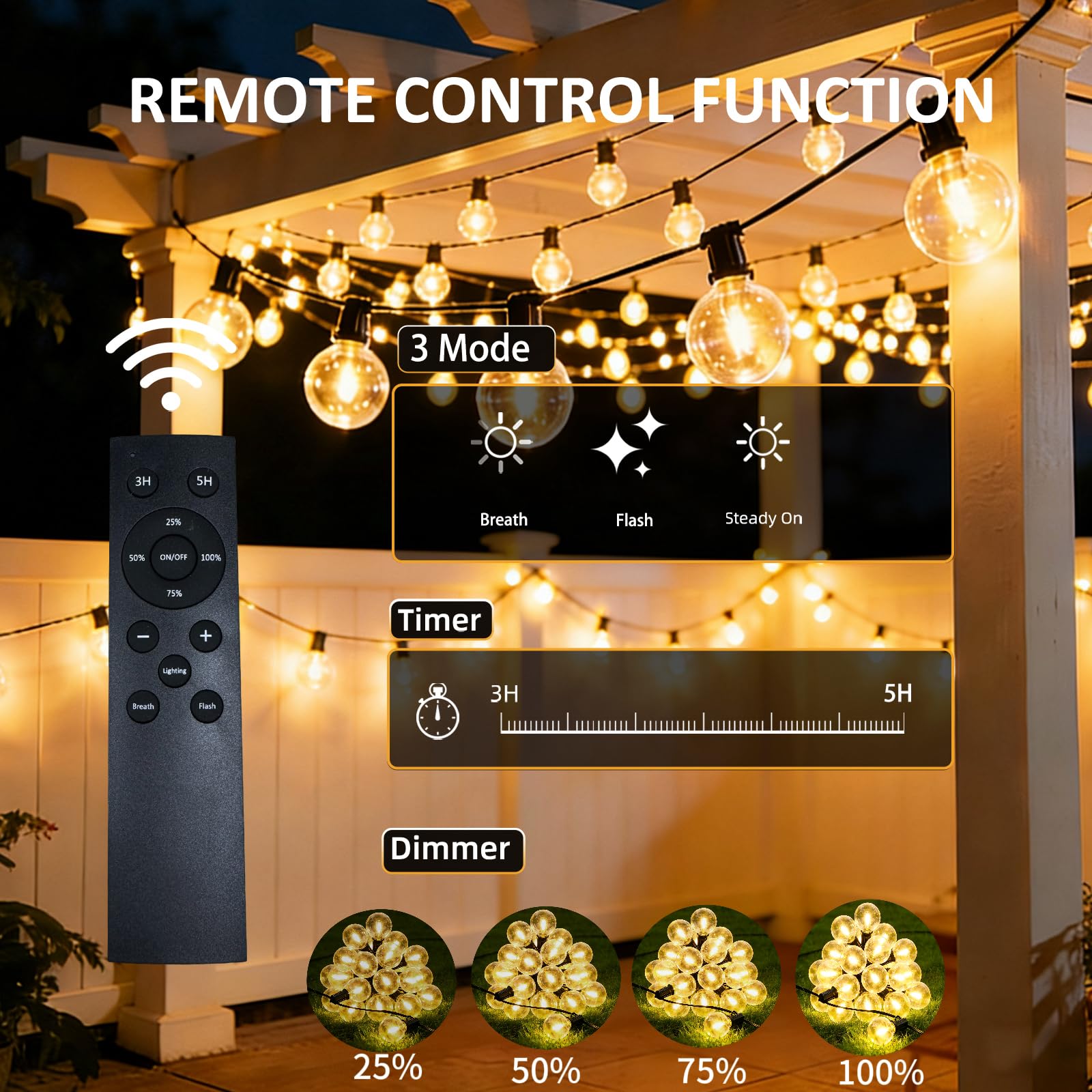 Guirnalda Luces Exterior Jardín 20M con Control Remoto, con 25+2 LED G40 Bombillas, Blanco Cálido, 3 Modos/Impermeable/Regulable/Sincronización, Guirnalda para Jardin, Terraza, Fiestas, Patio — view 2