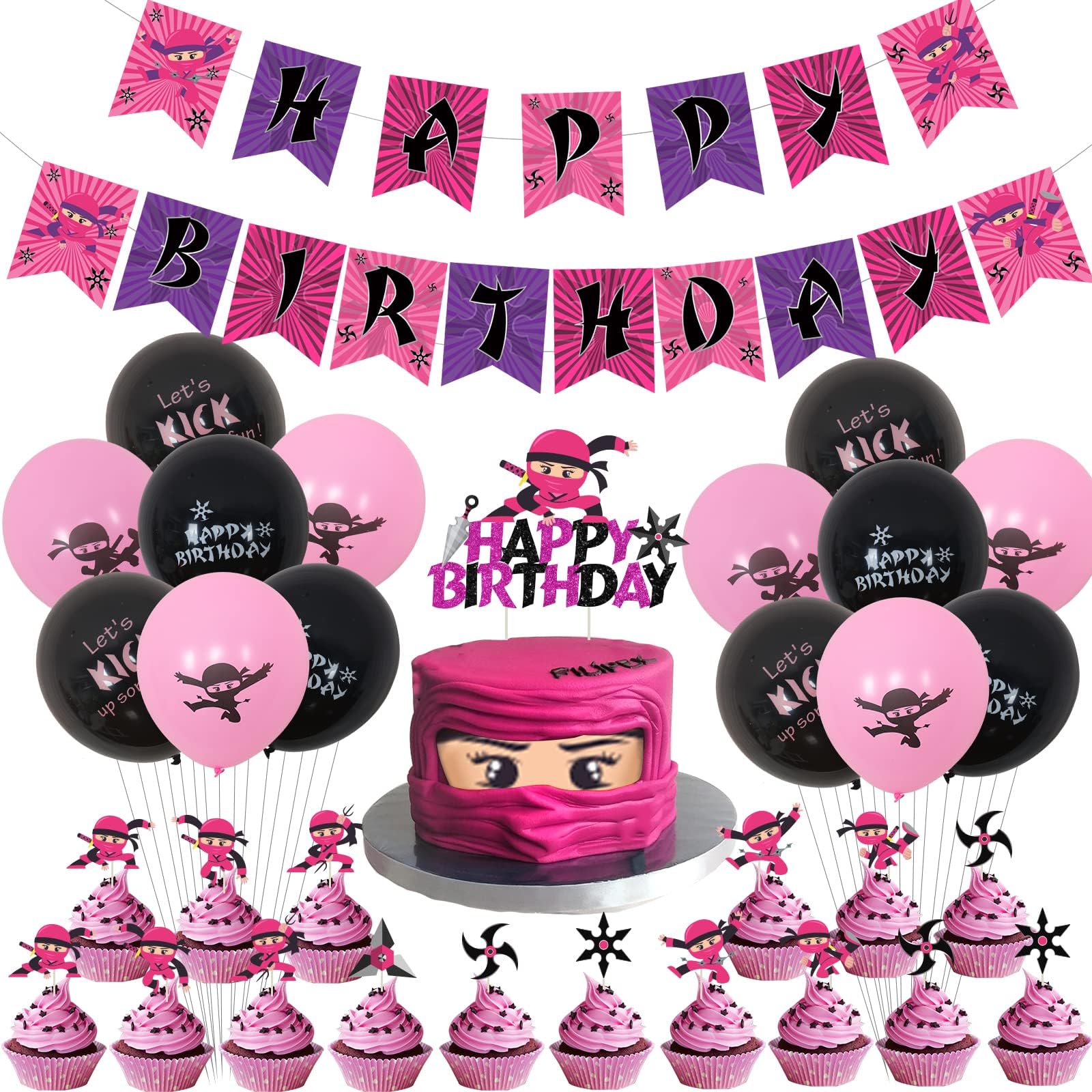 FanglelandFangleland Ninja Girl Birthday Party Decorations Pink Happy Birthday Banner Ninja Balloons, Cake Toppers for Ninja Master Theme Party Supplies