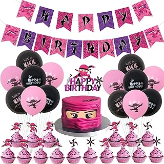 Ninja Girl Birthday Party Decorations Pink Happy Birthday Banner Ninja Balloons, Cake Toppers for Ninja Master Theme Party Supplies