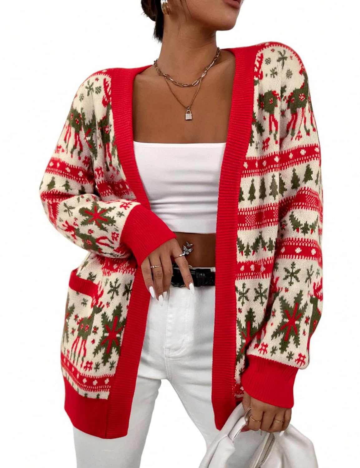 Ugly Christmas Cardigan Sweaters Women Xmas Knit Sweater Cardigans Oversized Open Front Outerwear with Pockets