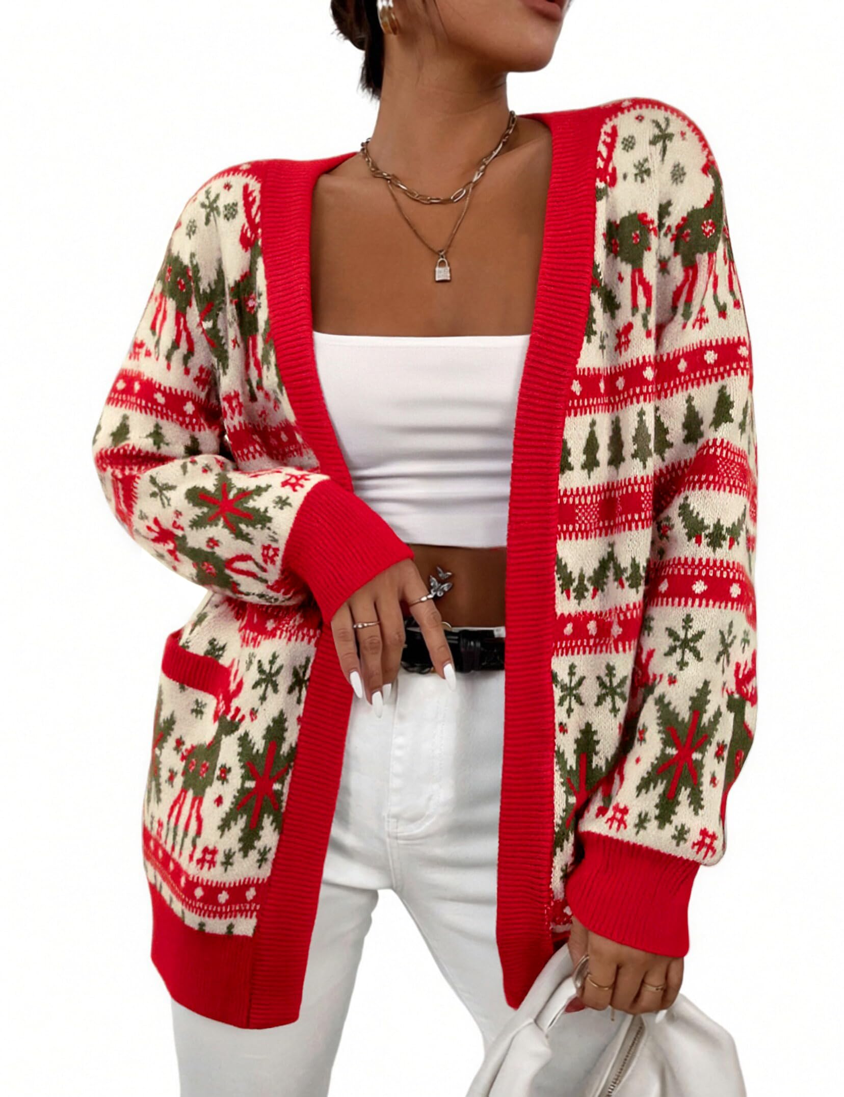 Ugly Christmas Cardigan Sweaters Women Xmas Knit Sweater Cardigans Oversized Open Front Outerwear with Pockets