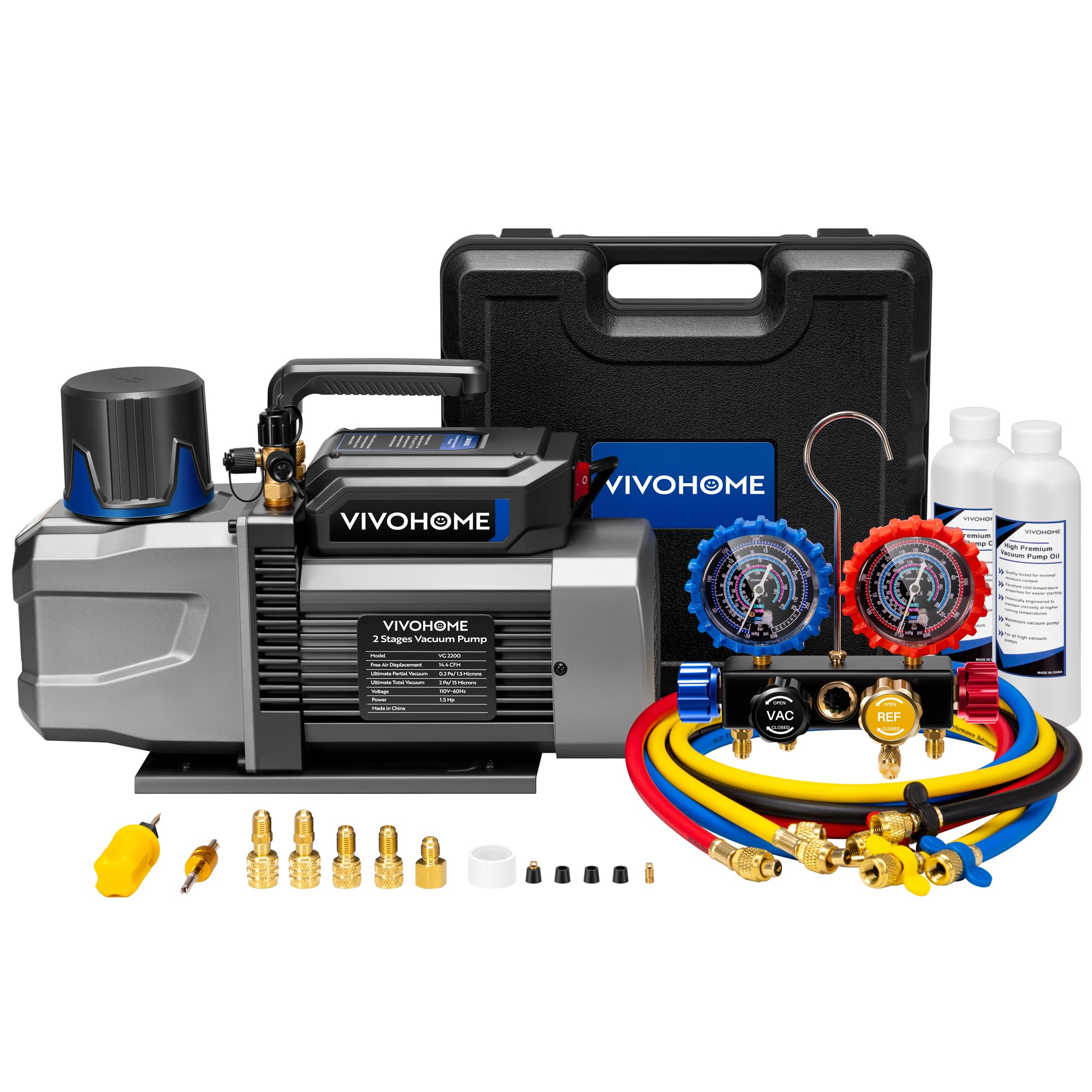 Photo 1 of VIVOHOME A2L AC Vacuum Pump and 4 Way Manifold Gauge Set, 1.5 HP 14.4CFM 2 Stage HVAC Vacuum Pump Kit with 5ft Hoses, Sparkless Motor for R454B R32 R1234yf R134a R22 R410a Car Home Air Conditioner