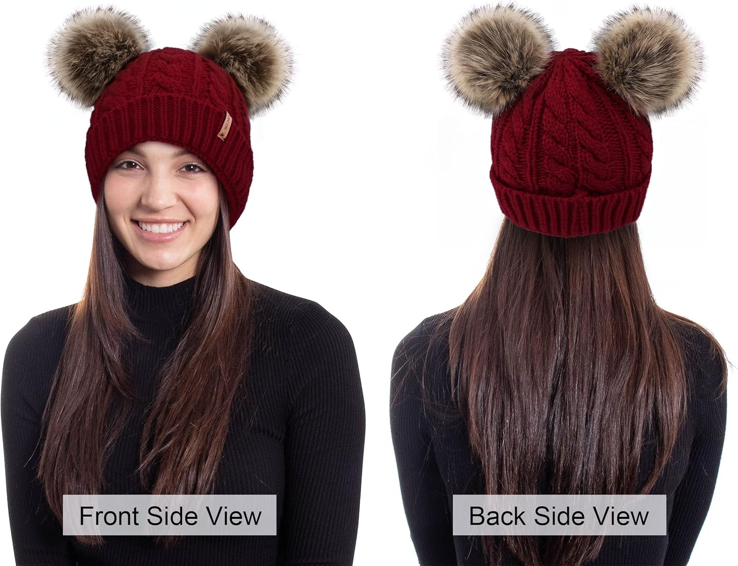 Arctic Paw Pom Pom Beanie Cable Knit Fleece Lined Winter Beanie Women Hat - Image 4
