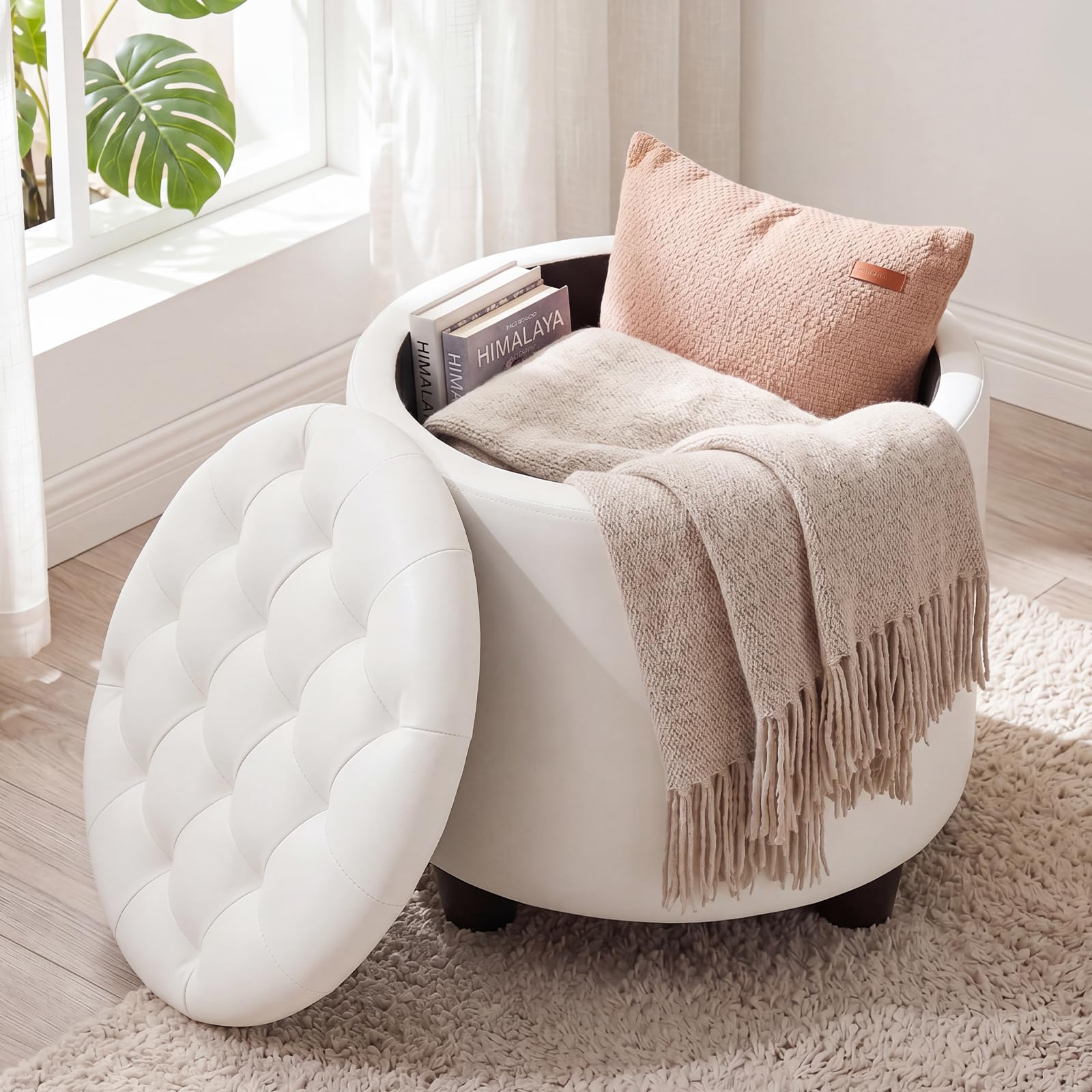 Ckaff Storage Ottoman, 48cm Round Footstool with Padded Seat and Removable Lid, Button Tufted Ottoman Storage Box with Sturdy Legs for Living Room, Bedroom, Dining Room, PU, Ivory White