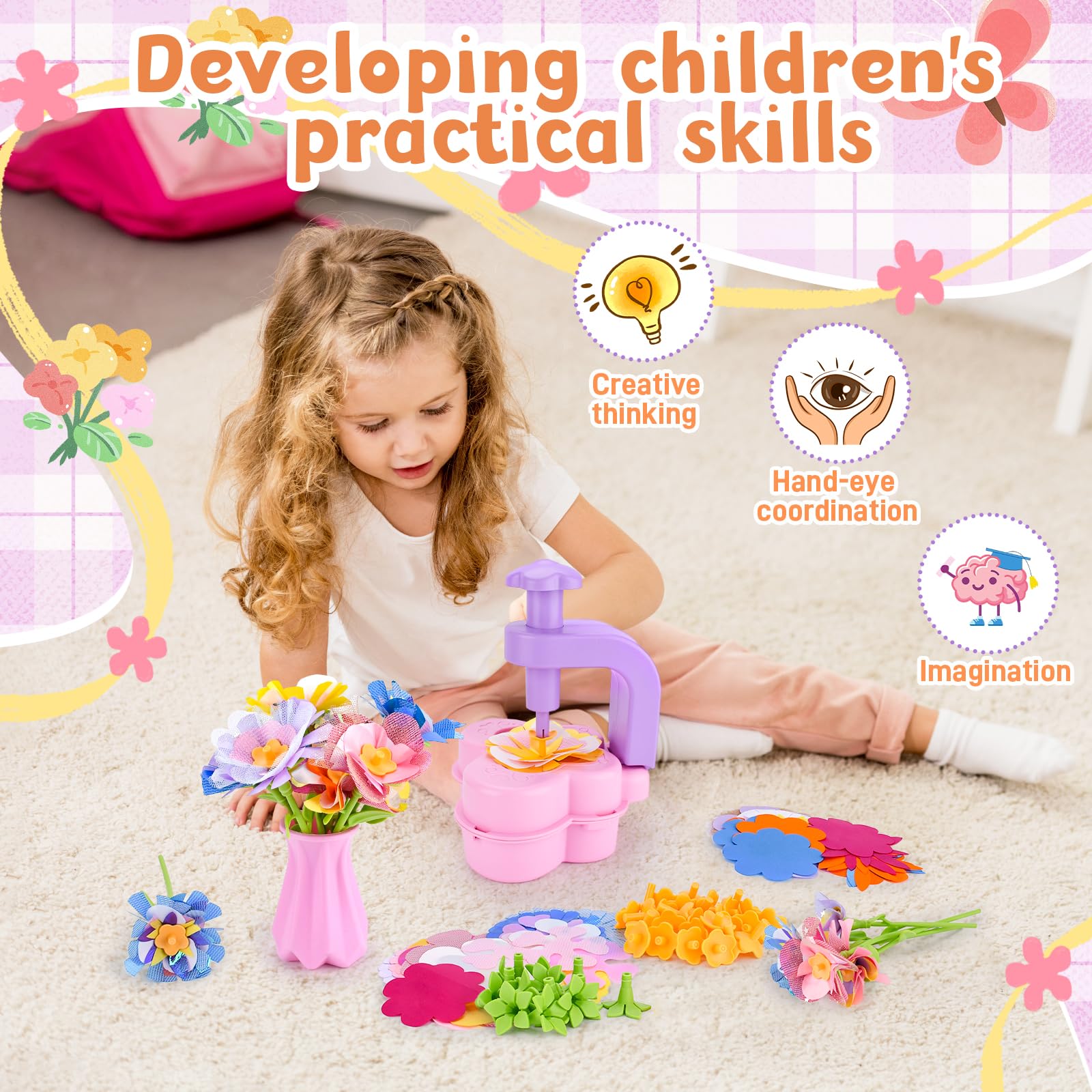 YUTUY Kit Bricolage Floral Enfant avec Machine à Fleurs et Vase, Jouet Fleurs Fille 3-9 Ans