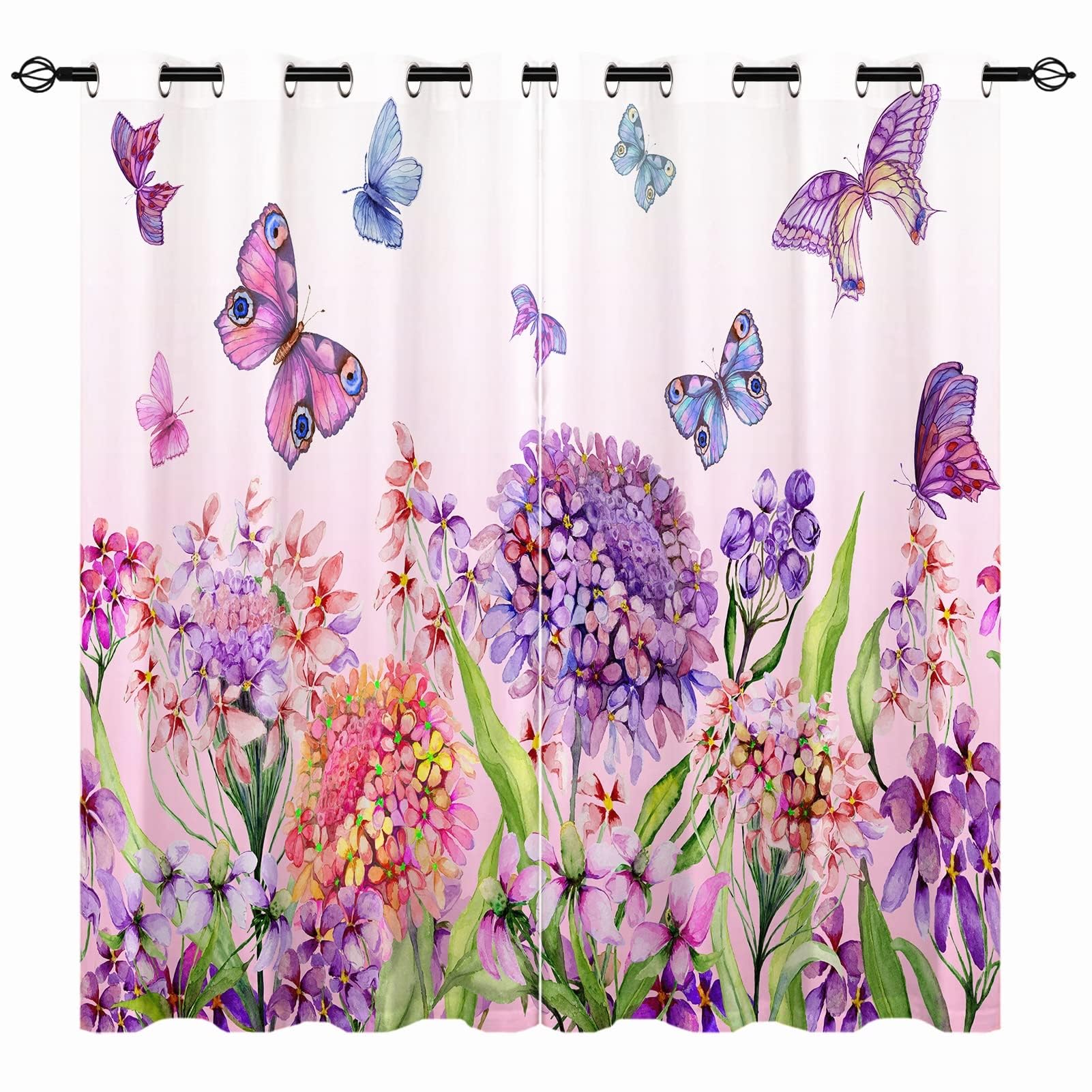 YUANZU Floral Curtains - Girls Summer Watercolor Flower Colorful Butterfly Print Pattern Eyelet Blackout Thermal Insulated Room Darkening Window Drapes for Bedroom Living Room 2 Panels W132cm x D213cm — image 1