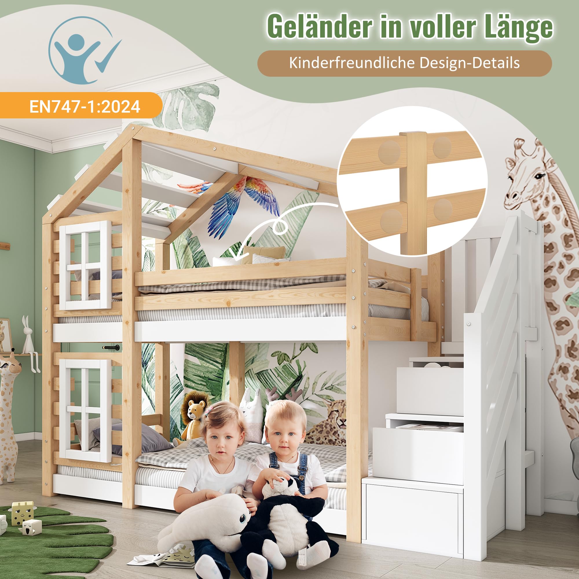Kehun Etagenbett Kinderbett 90 x 200, Hausbett für 2 Kinder, Hochbett mit Holz Lattenrost, Holzbett mit Schublade und Fenster, Baumhaus Bett mit Rausfallschutz und Treppe, Natur & Weiß, Ohne Matratze.