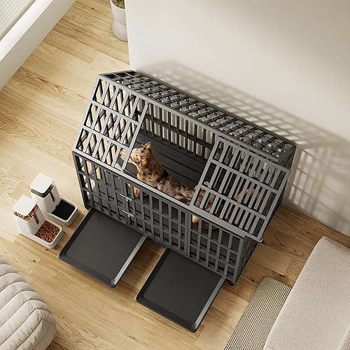 Miniatura 4 de Jaula indestructible para perros de 52 pulgadas, XL  XL con techo abierto, 4 ruedas con bloqueo y 2 bandejas, jaula de impacto a prueba de fugas