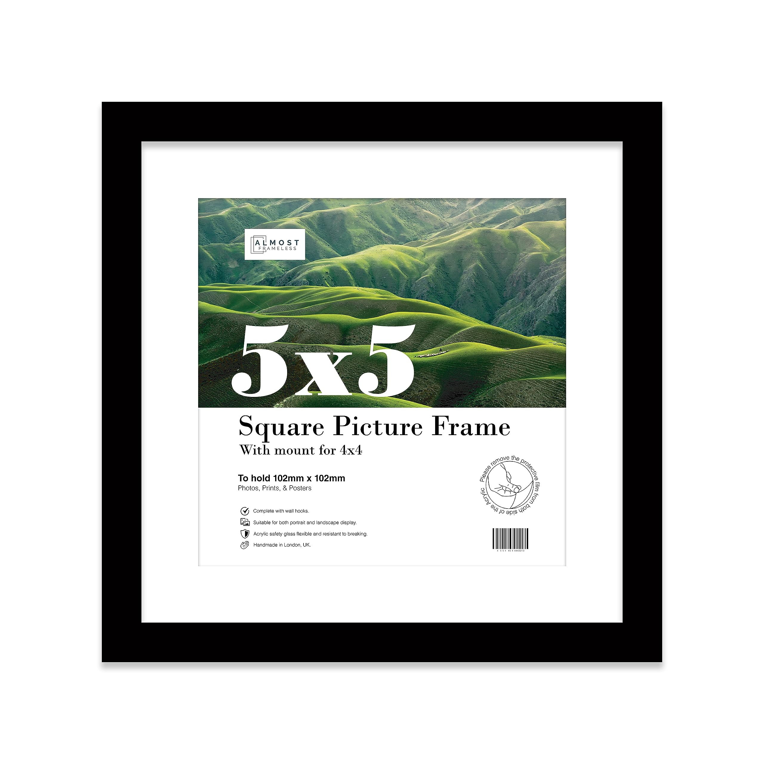 Almost Frameless 5x5 Picture Frame, Display Pictures 4x4 With Mat or 5x5 Without Mat, Wall Hanging & Free Standing Photo Frame, Black, 1 Pack