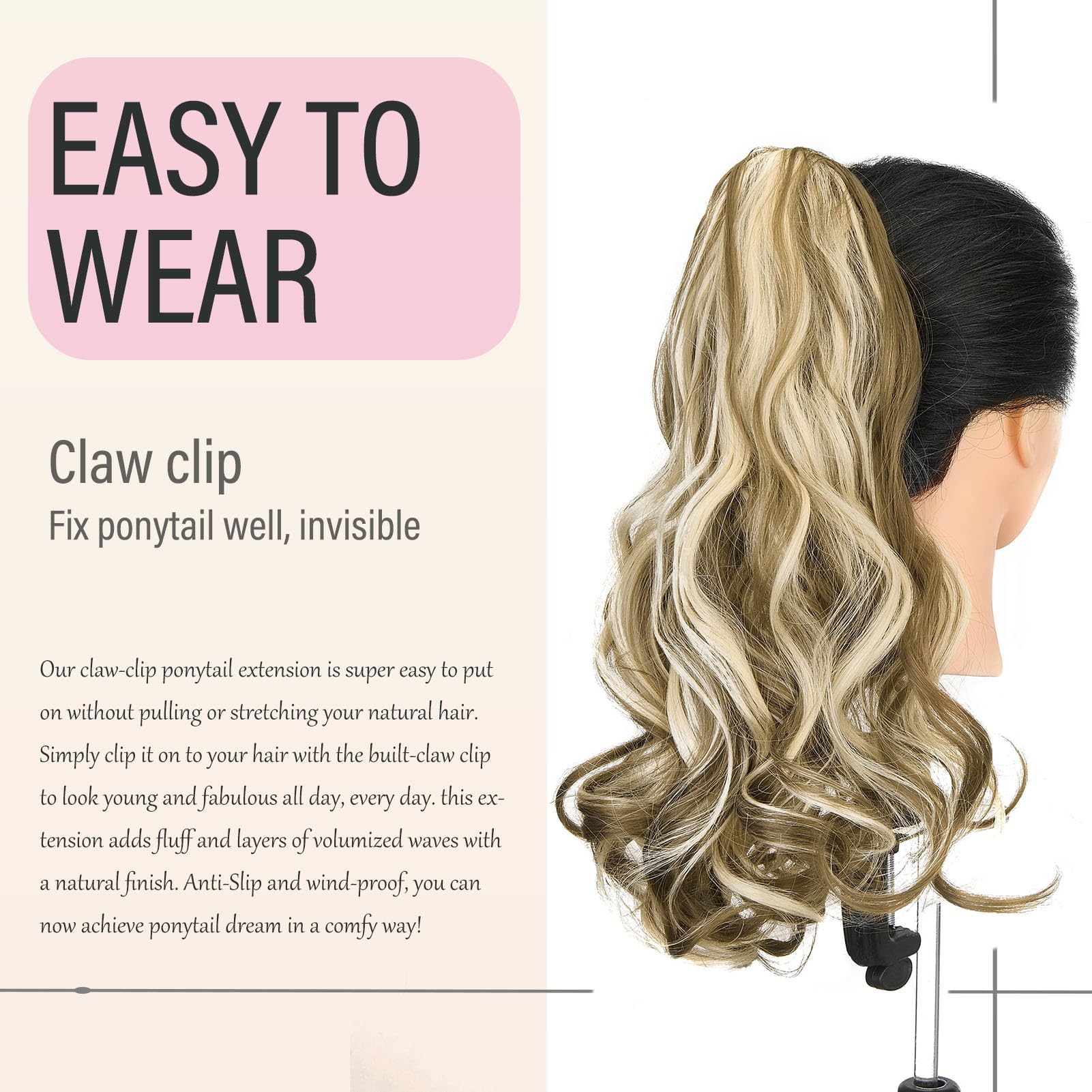 Dcbaboo 18inch Claw Clip in Ponytail Hair Extensions Long Wavy Ponytail Extension Curly Synthetic Pony tails Natural Wave One Piece Hairpiece Fake Ponytail for Women Golden Brown/Bleach Blonde - Image 4