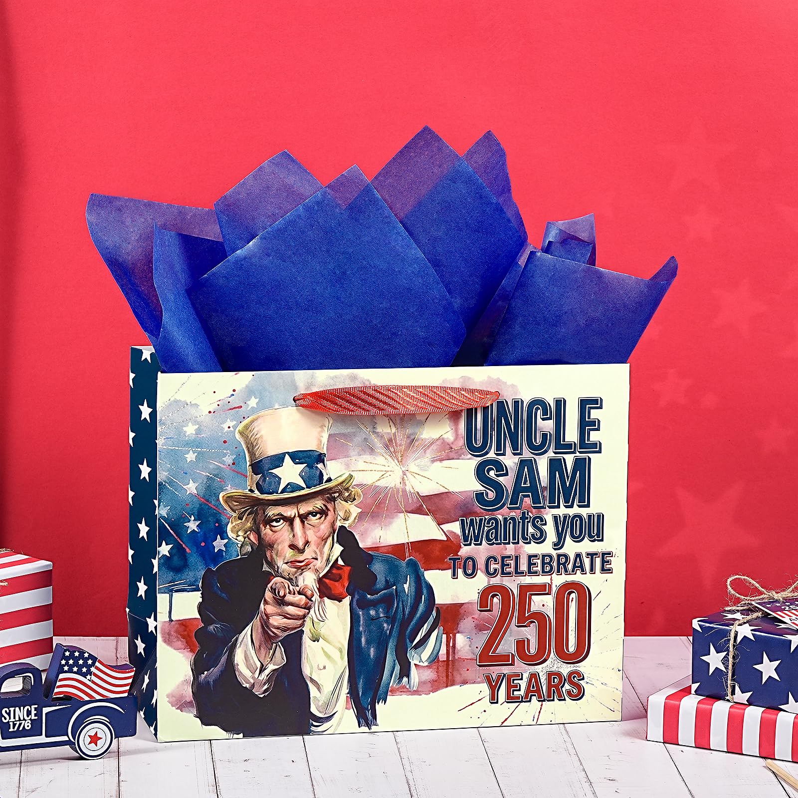 Loveinside 13" Large 250 Years Patriotic Gift Bag, Uncle Sam Red White Blue Design Gift Bag with Tissue Paper for 4th of July, America 250th Anniversary Celebration, 13" x 5" x 10", 1 Pcs