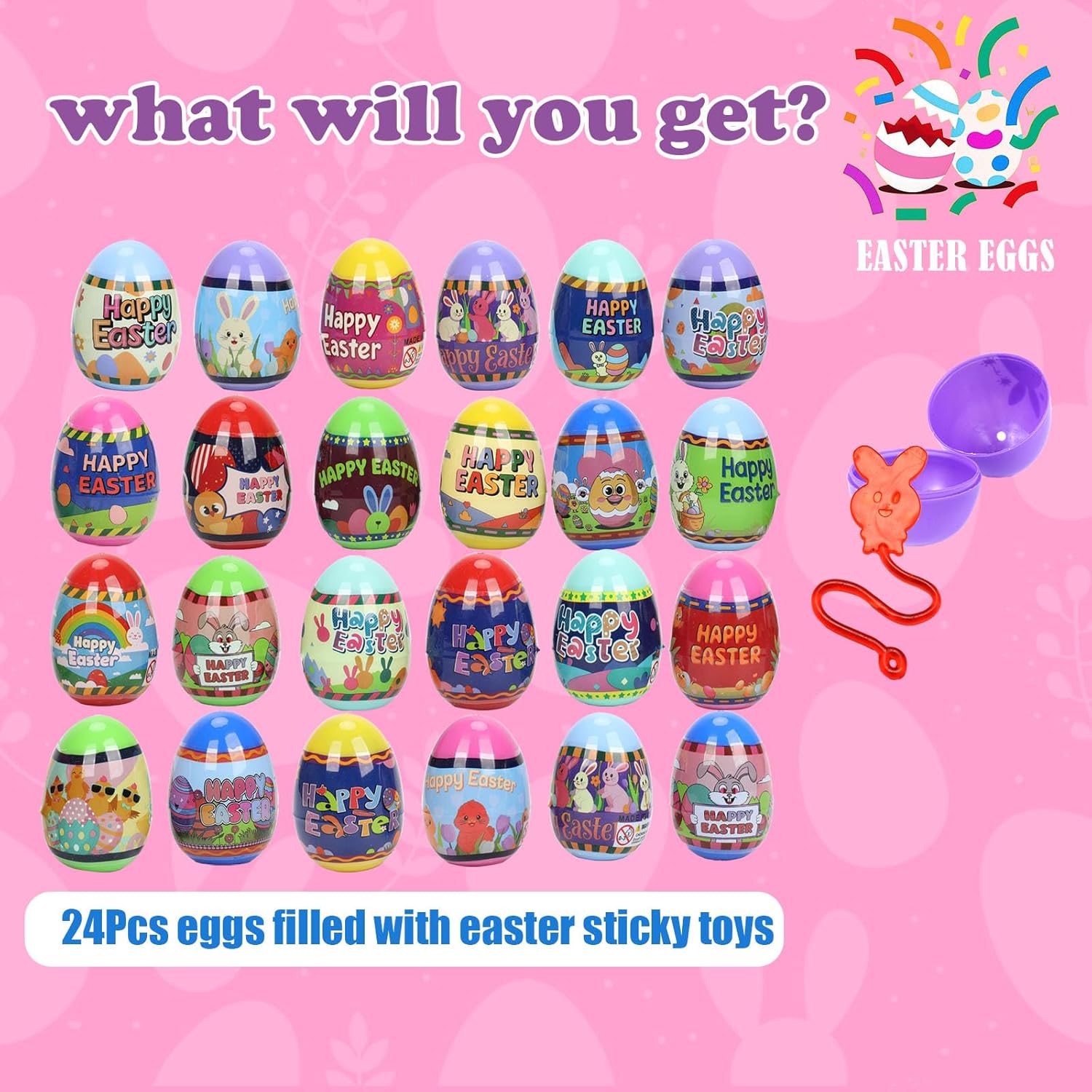 VOMAOK 24pcs Prefilled Easter Eggs with Easter Sticky Hands Toy Inside for Kids Boys Girls Easter Basket Stuffers,Eggs Hunt ,Party Favors