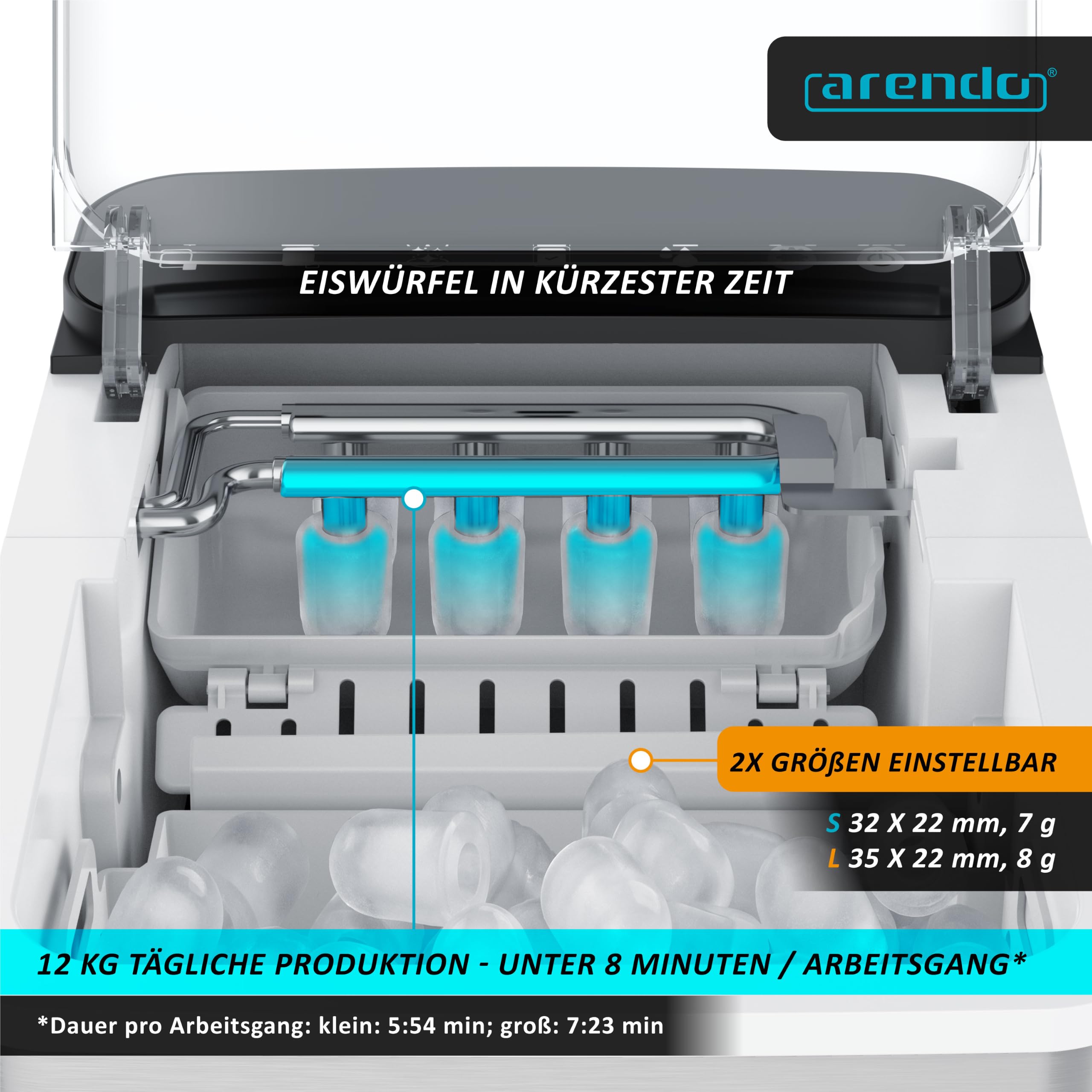 Arendo – Eiswürfelmaschine Edelstahl – Ice Cube Maker – 150 W – 12 kg Eis pro Tag – Automatische Abschaltfunktion – Warnfunktion – kleine Eiswürfel oder große Eiswürfel – leiser Betrieb