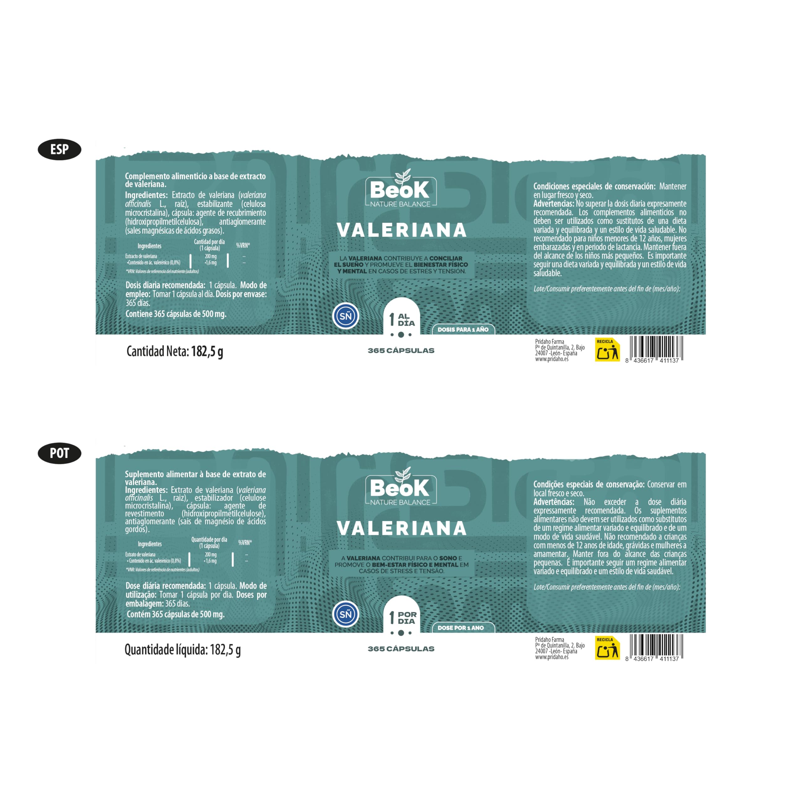 BEOK Valeriana 365 Cápsulas – 200 mg por Dósis Diaria – Suplemento para Conciliar el Sueño y Aliviar el Estrés – Relajación, Descanso, Bienestar Físico y Mental – Suministro para 1 Año